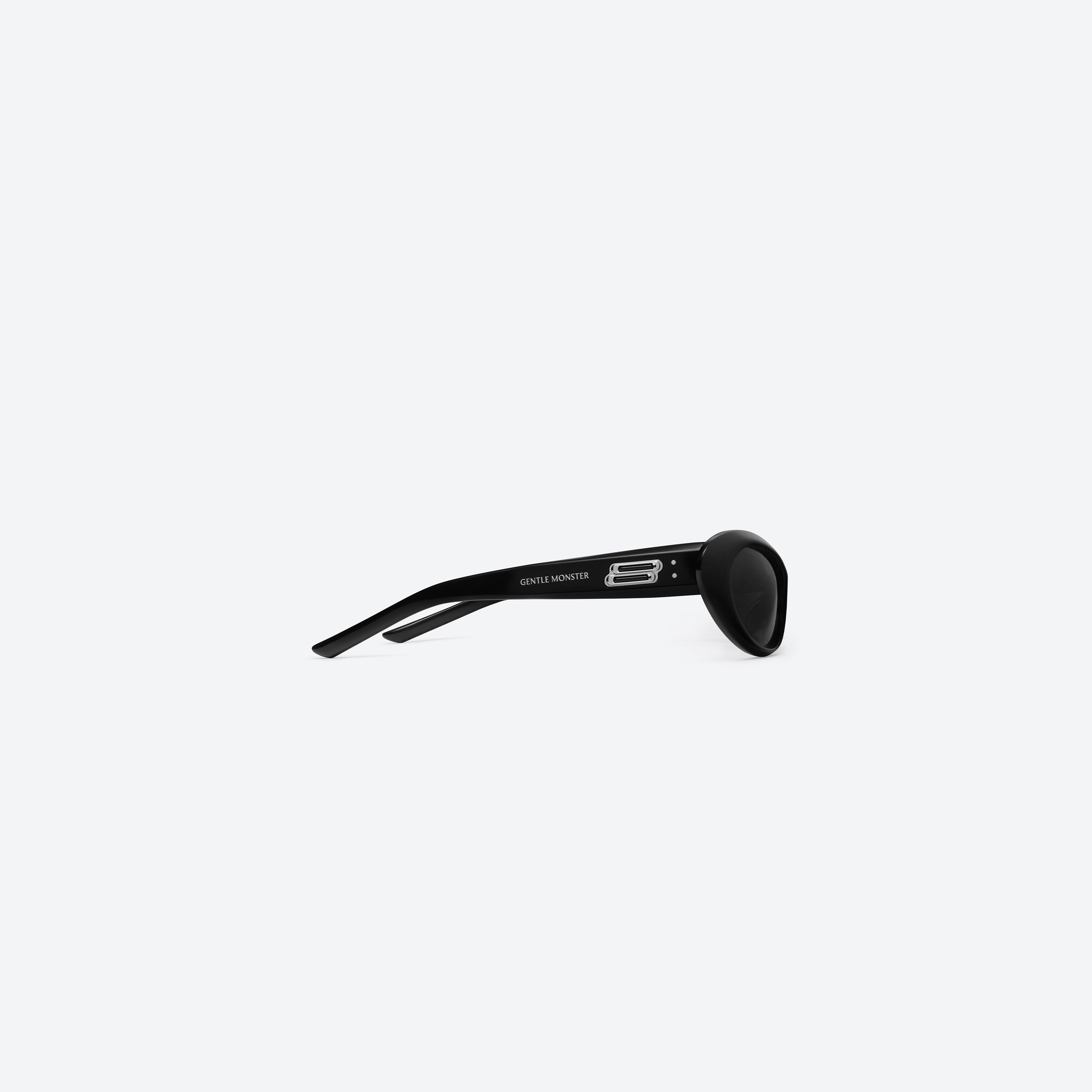 A detailed right view of Gentle Monster Nova 01 Black Acetate framed Wraparound sunglasses.