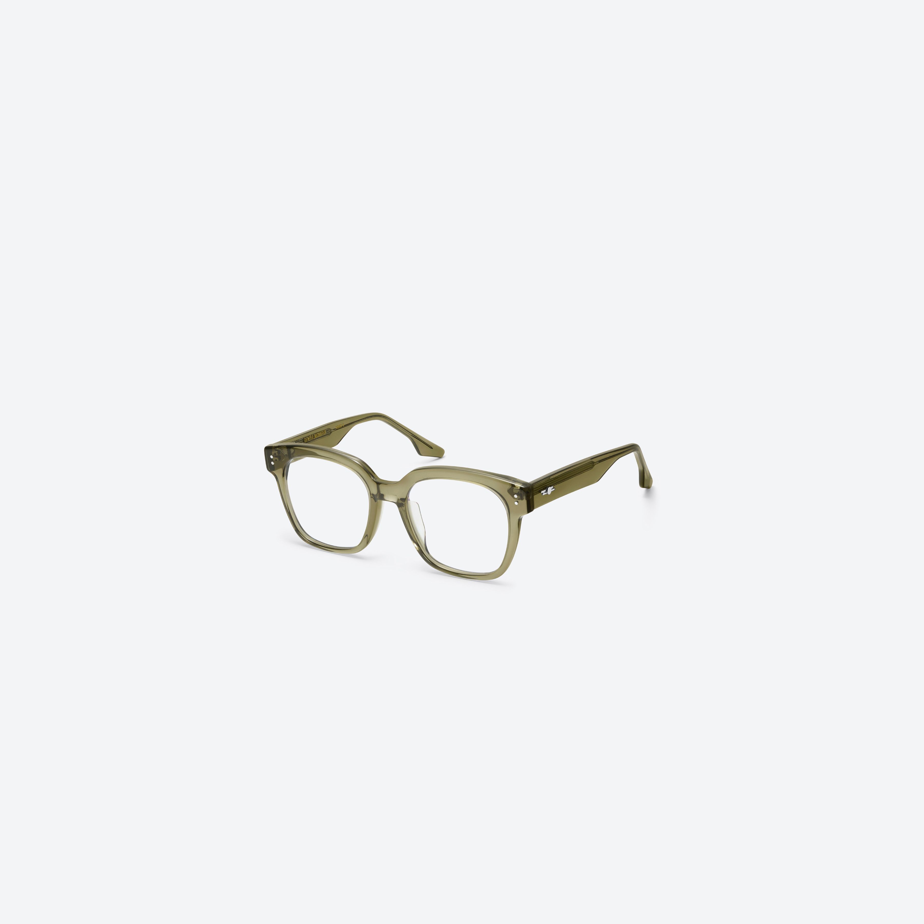 45-degree view of Gentle Monster Una.C N KC1(C) Green Acetate framed Square glasses.
