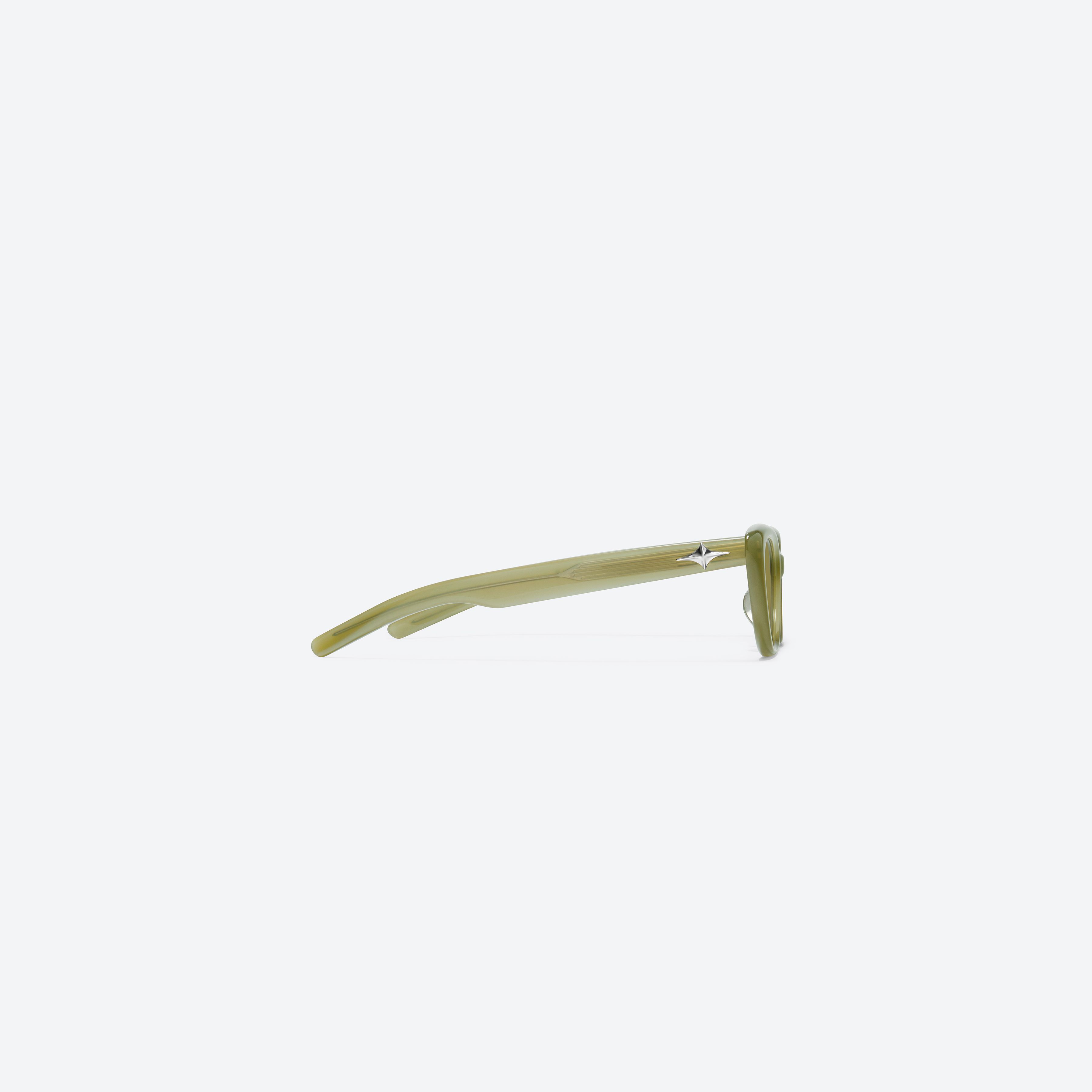 A detailed right view of Gentle Monster Sound Net KC5 Green Acetate framed Cat-eye sunglasses.