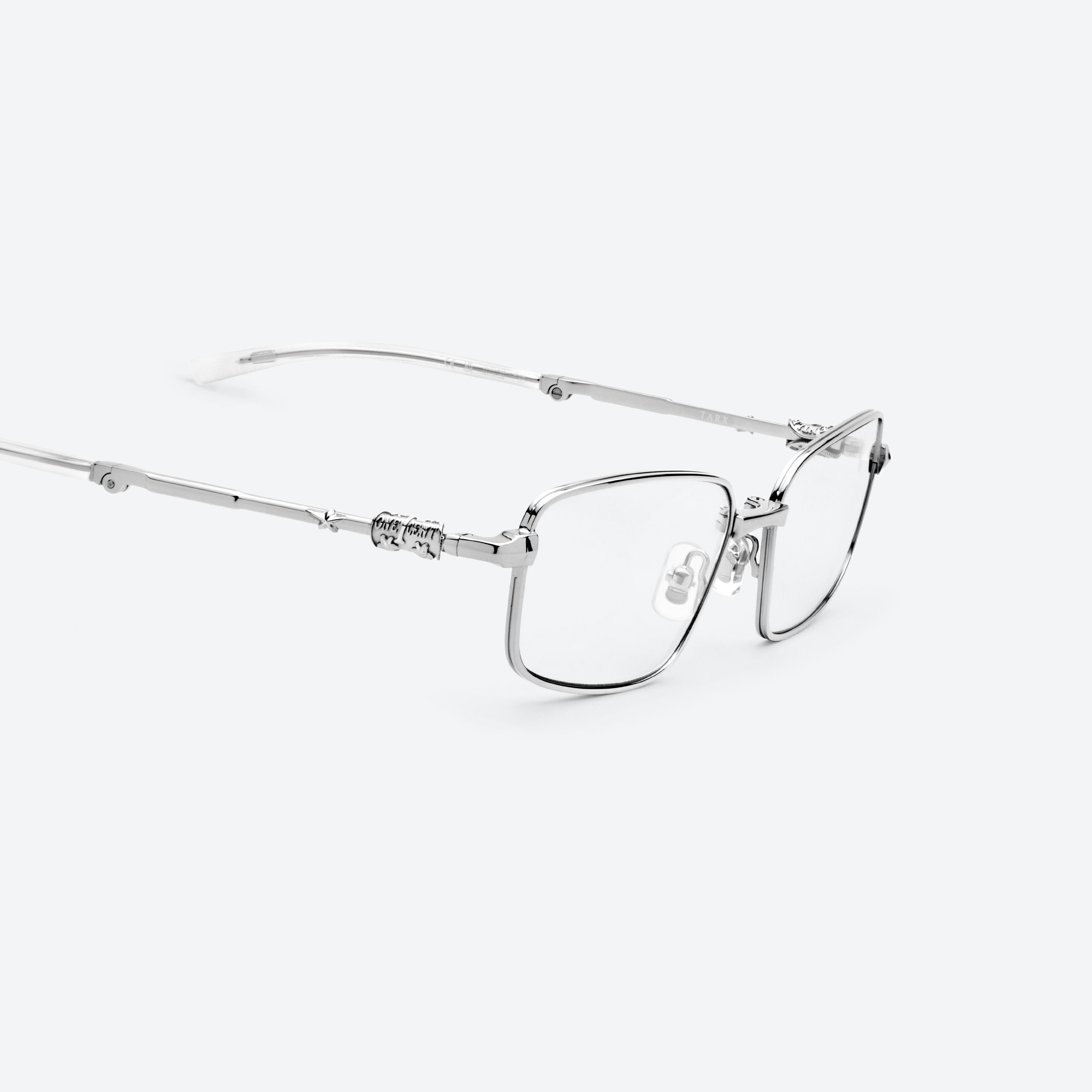 45-degree detailed view of Gentle Monster TARX 02 Silver Metal framed Square glasses.