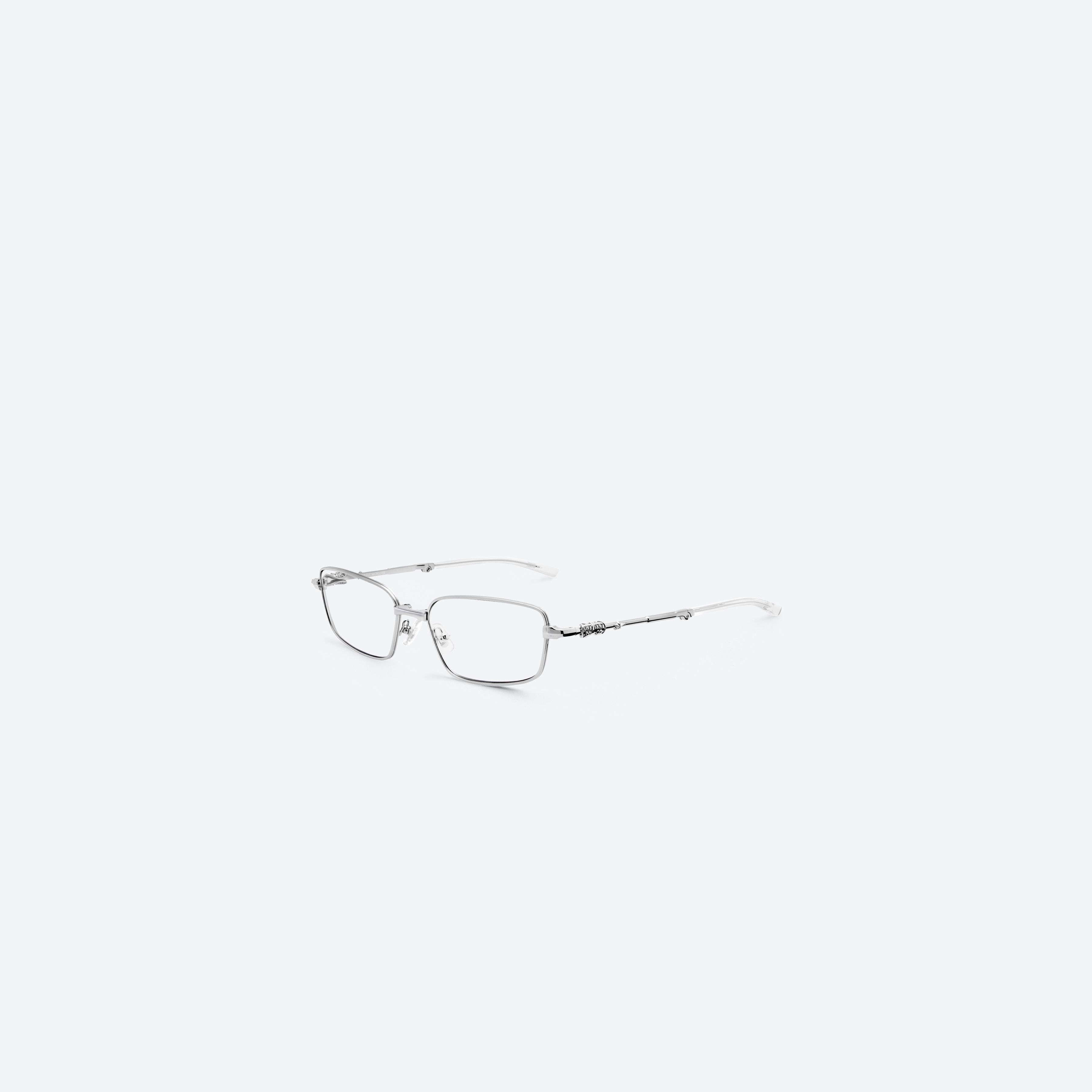 45-degree view of Gentle Monster TARX 02 Silver Metal framed Square glasses.