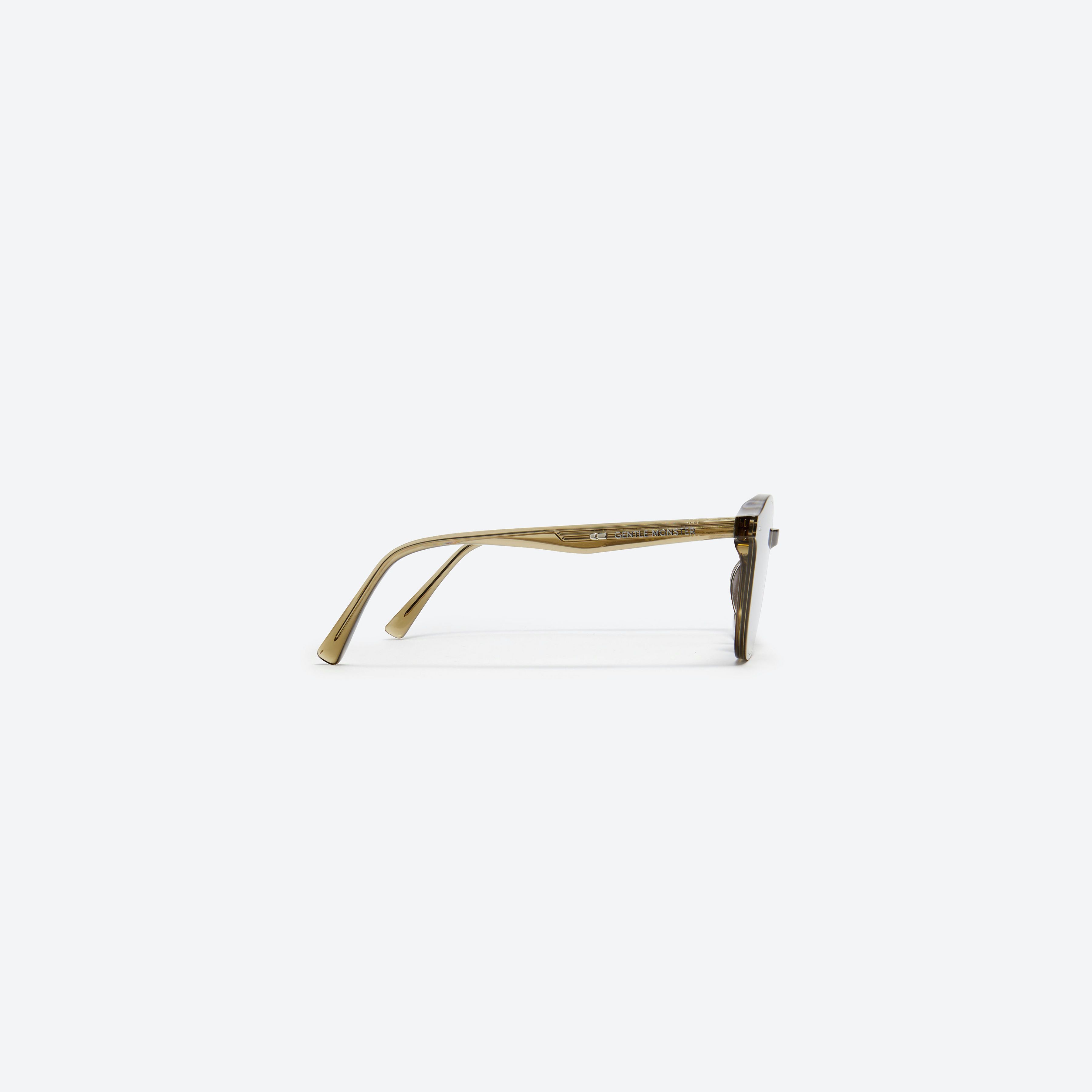 A detailed right view of Gentle Monster Obon KC1 Green Acetate framed Round sunglasses.