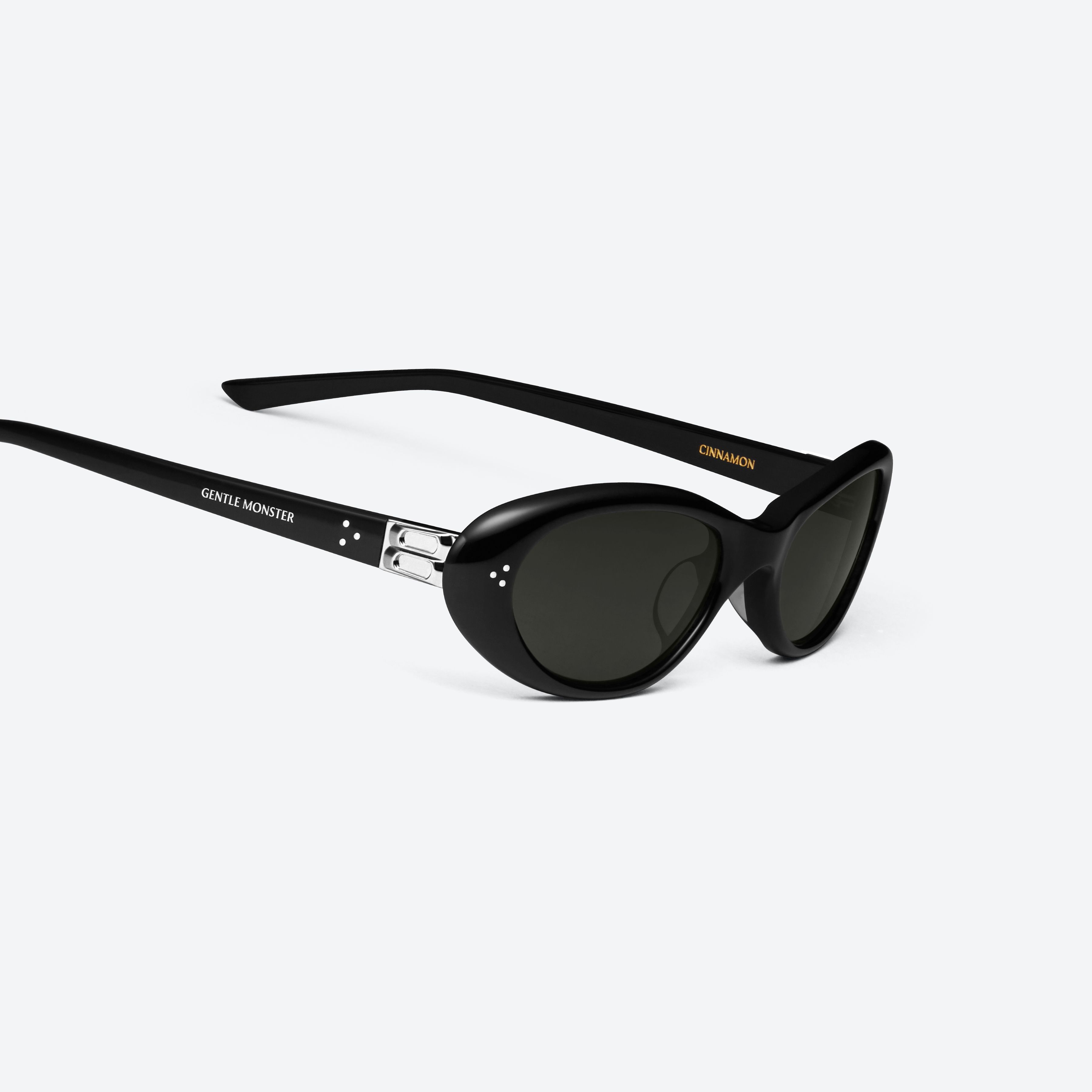 45-degree detailed view of Gentle Monster Cinnamon 01 Black Acetate framed Oval sunglasses.