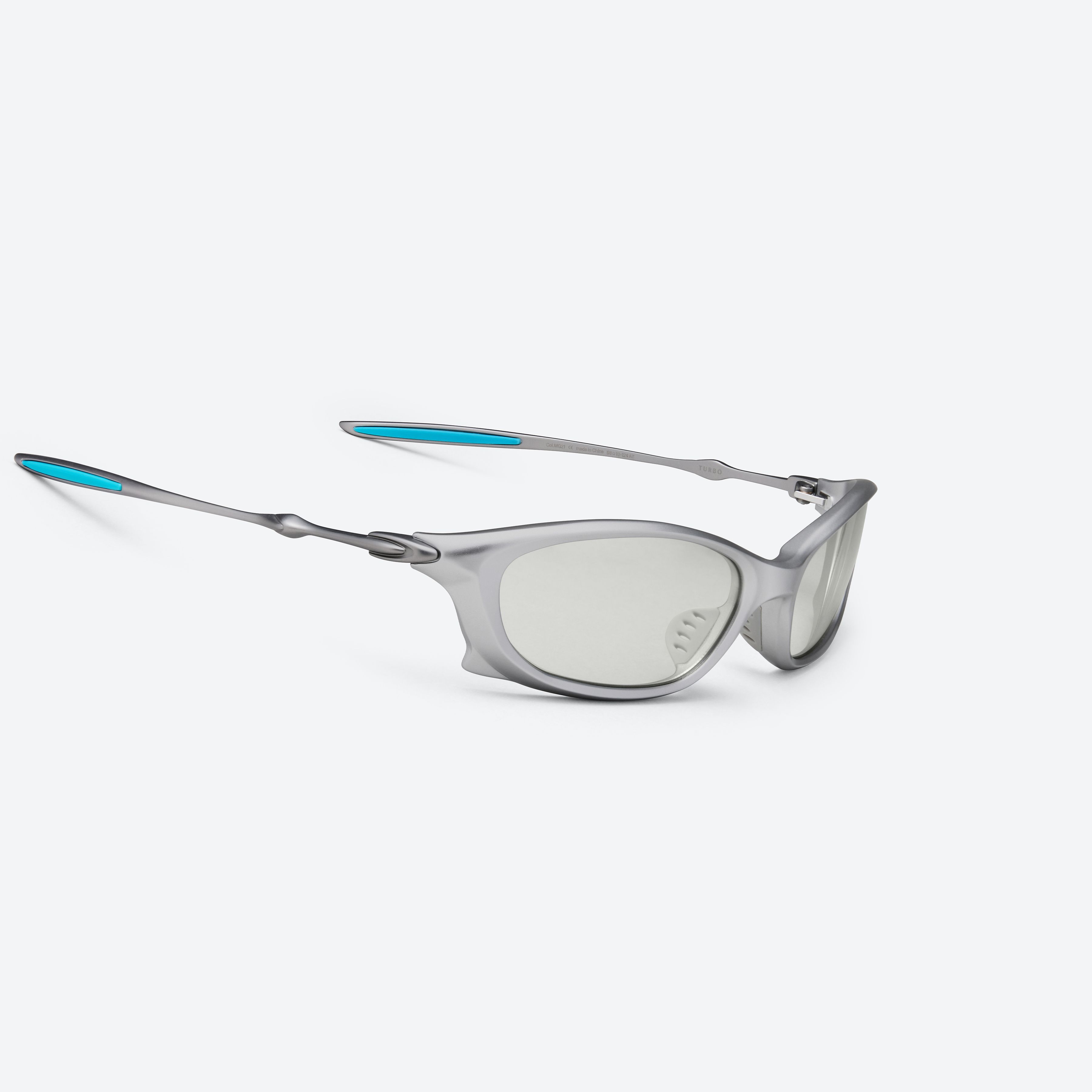 45-degree detailed view of Gentle Monster Turbo MG21 Gray Mixed framed Wraparound sunglasses.