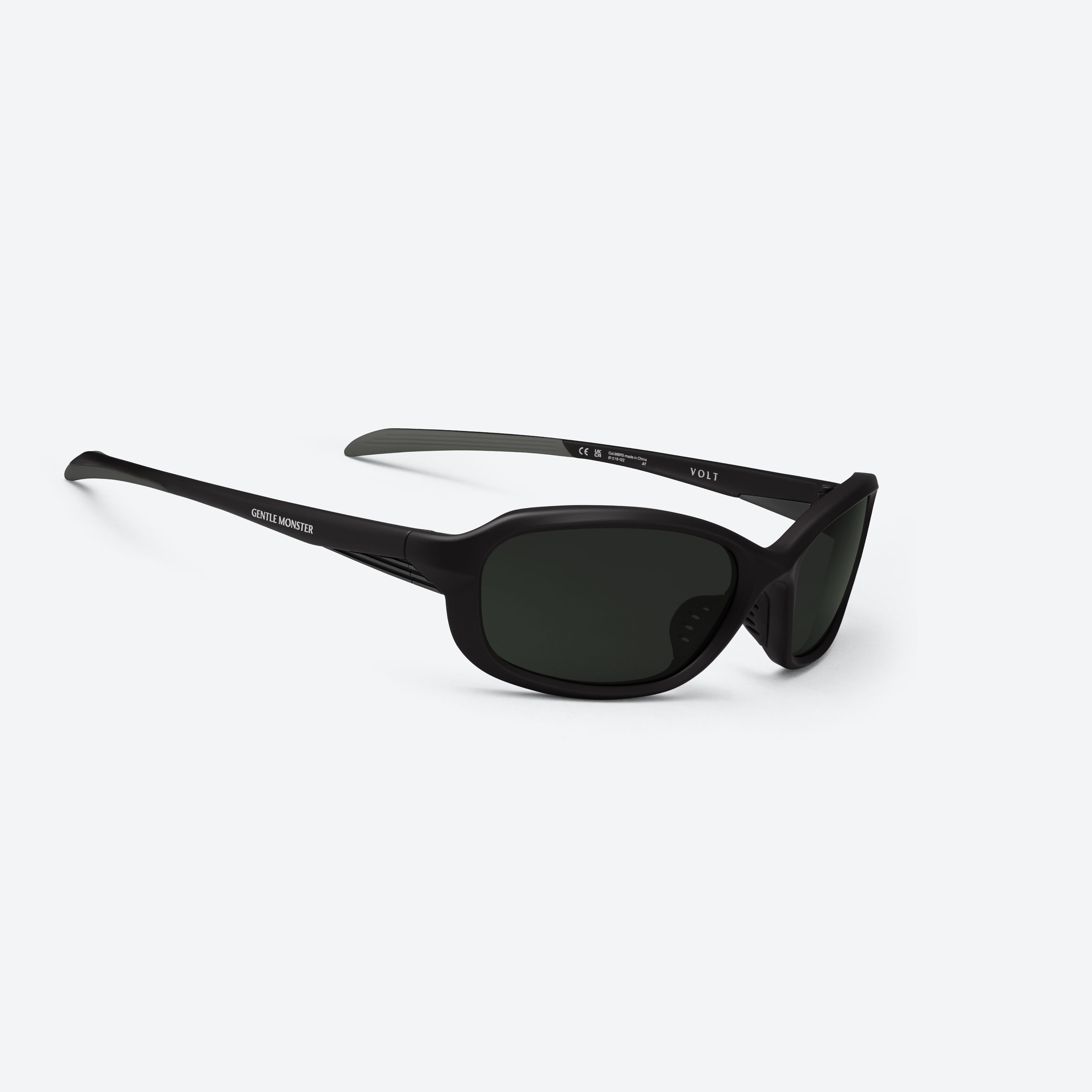 45-degree detailed view of Gentle Monster Volt M01 Black Nylon framed Wraparound sunglasses.
