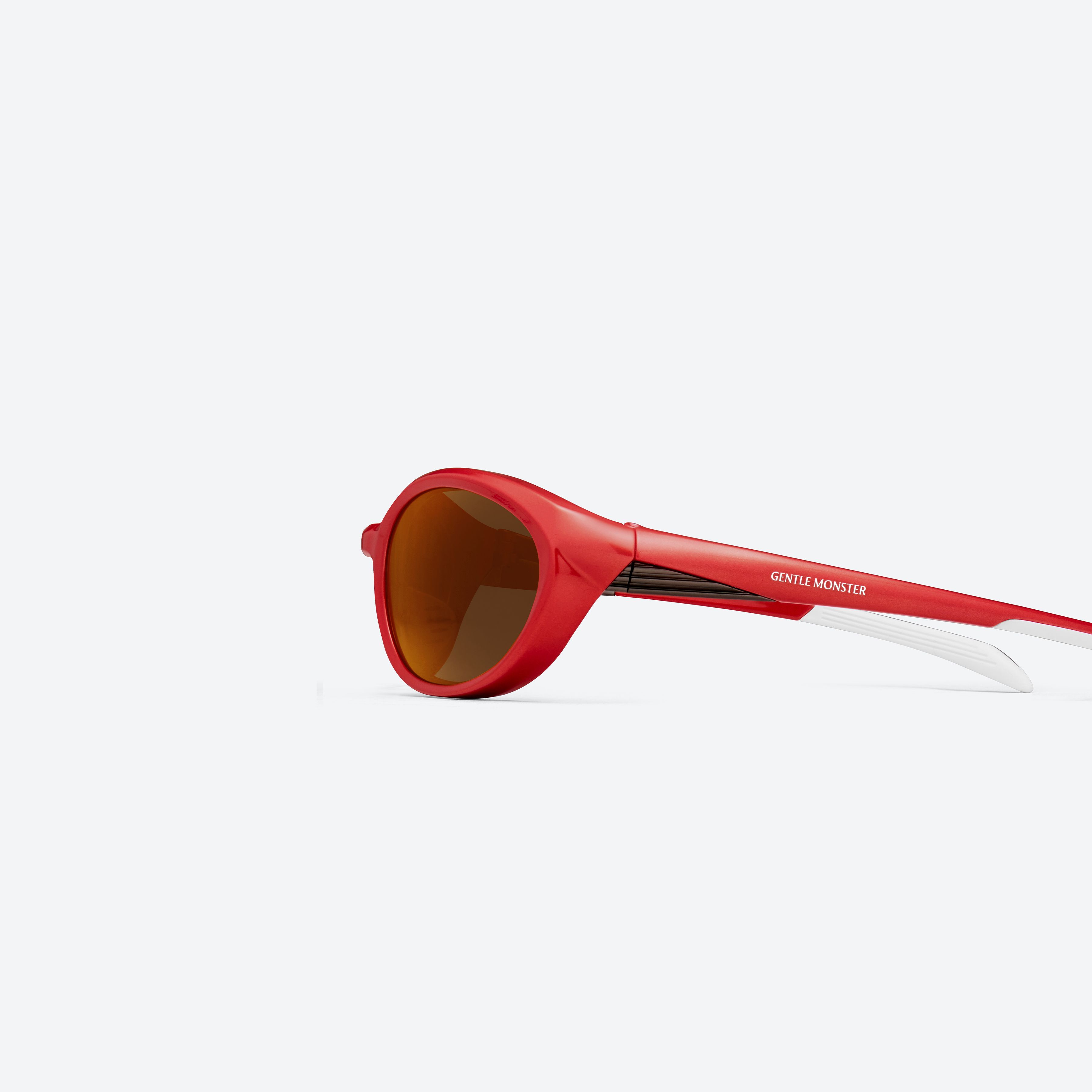 A detailed left view of Gentle Monster Disney F1 - Rim R13 Red Nylon framed Wraparound sunglasses.