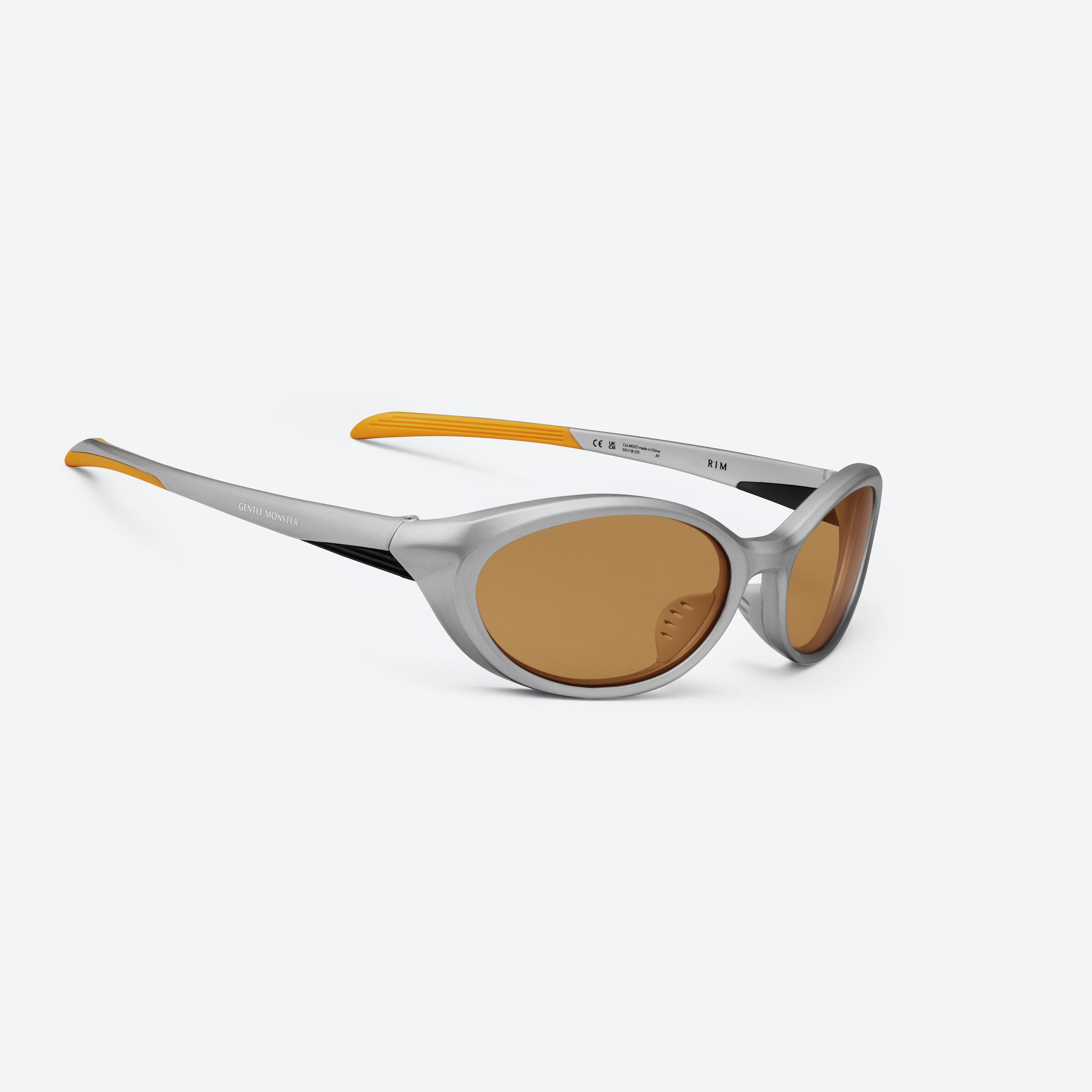 45-degree detailed view of Gentle Monster Rim MG22 Gray Nylon framed Wraparound sunglasses.