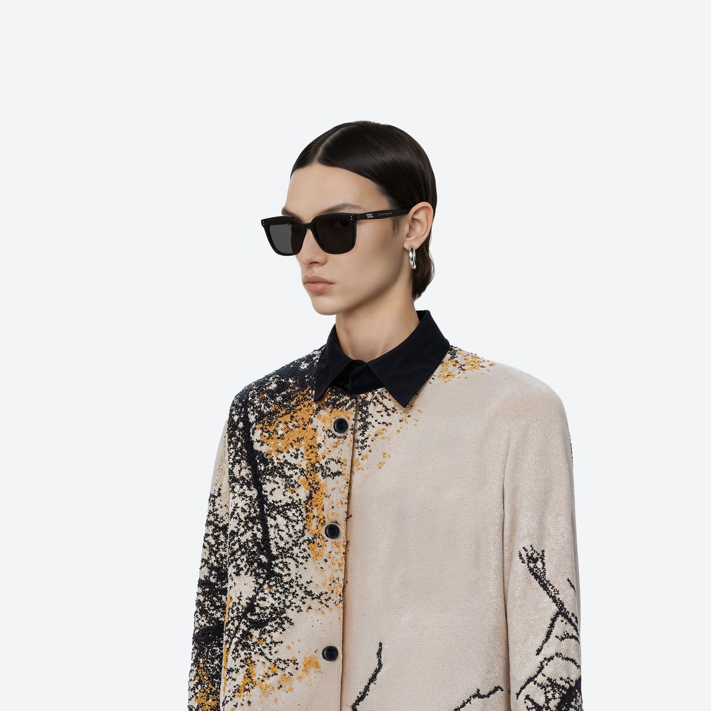 Model wearing the Days Day 01 Black Acetate framed Square sunglasses.