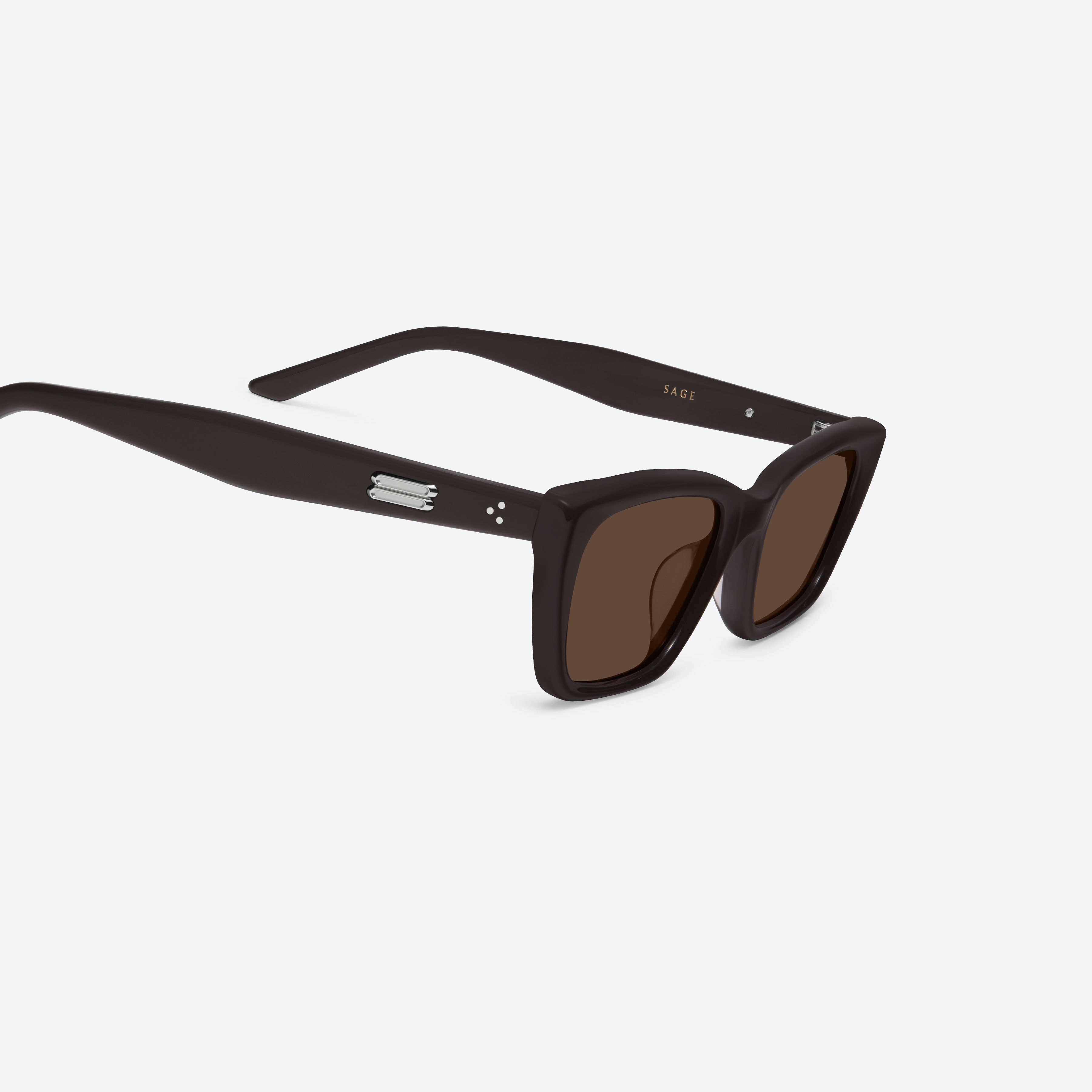 45-degree detailed view of Gentle Monster Sage BR2 Brown Acetate framed Cat-eye sunglasses.
