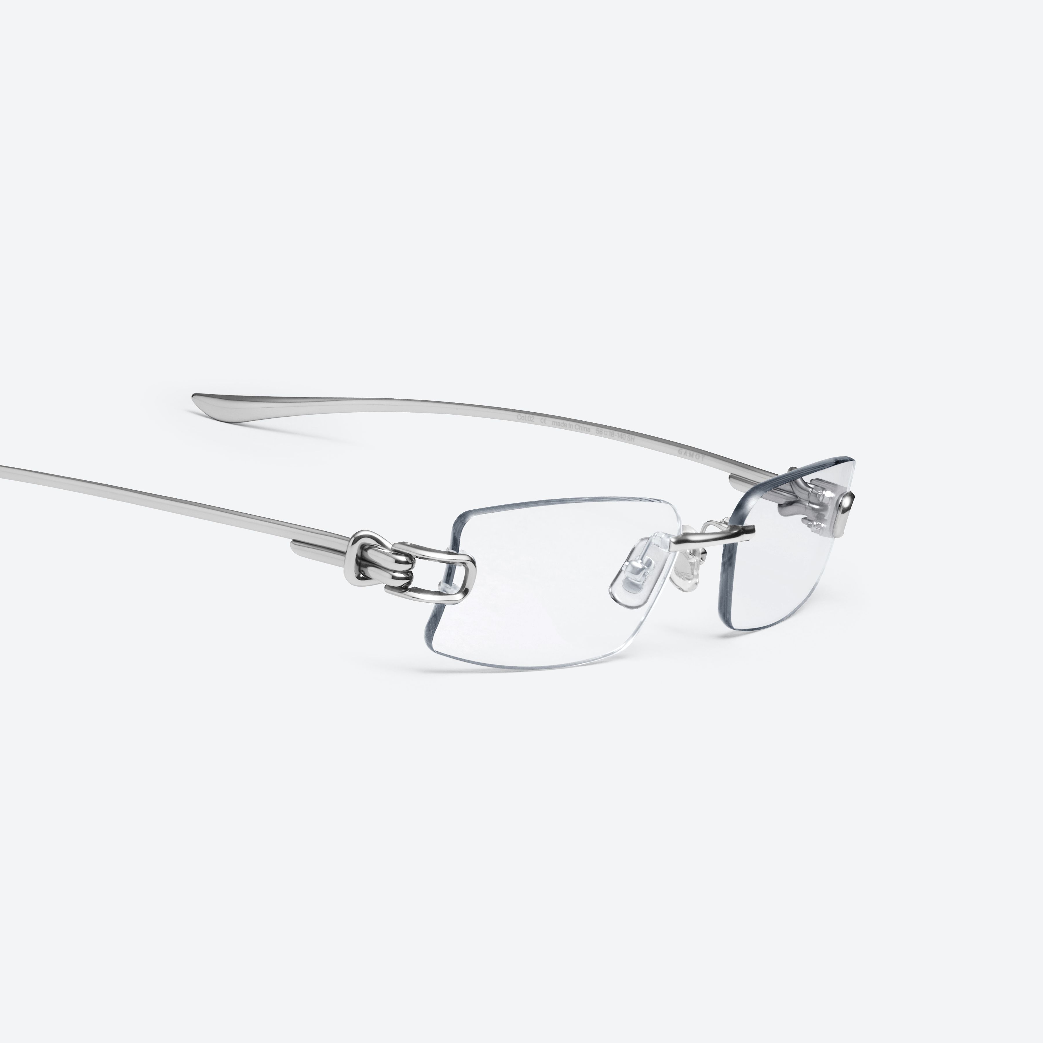 45-degree detailed view of Gentle Monster Gamot 02 Silver Metal framed Square glasses.