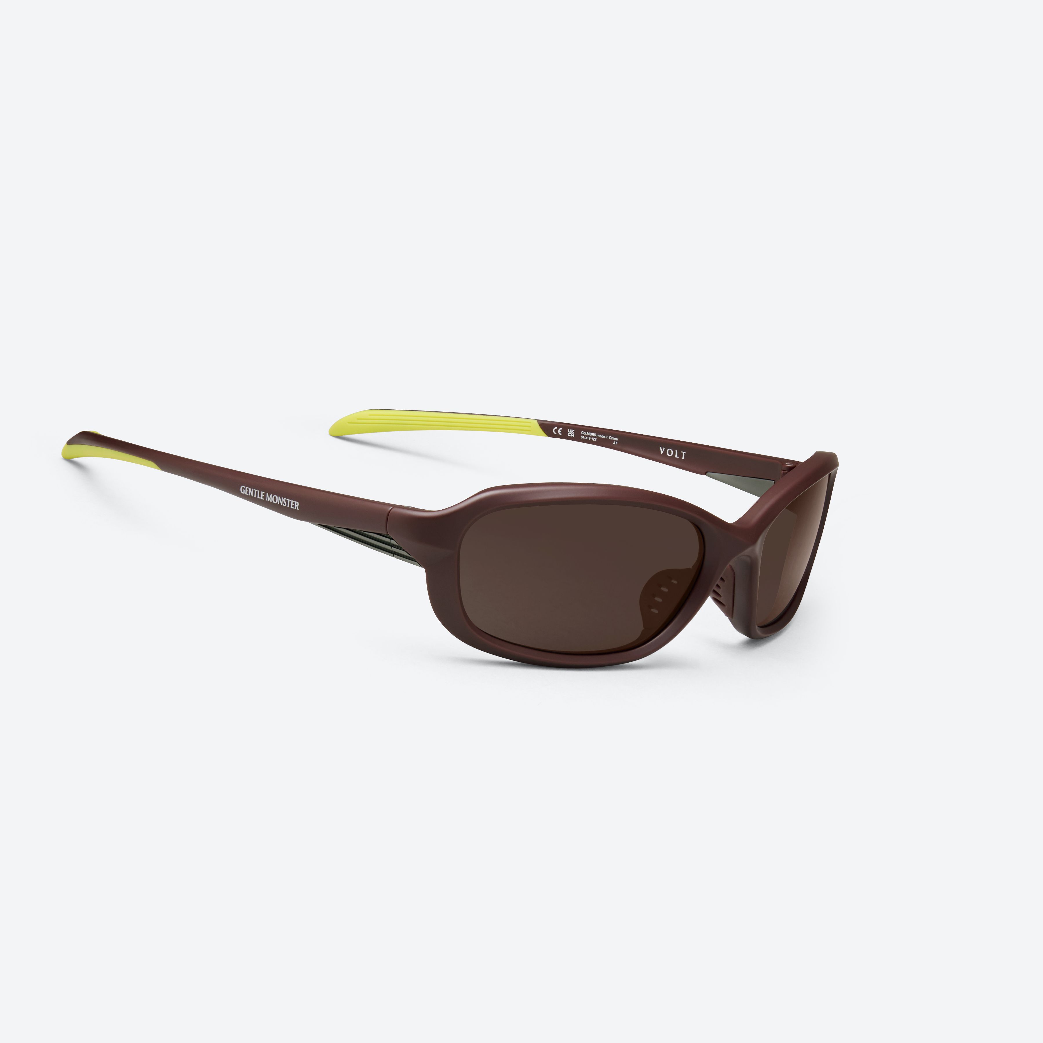 45-degree detailed view of Gentle Monster Volt MBR5 Brown Nylon framed Wraparound sunglasses.