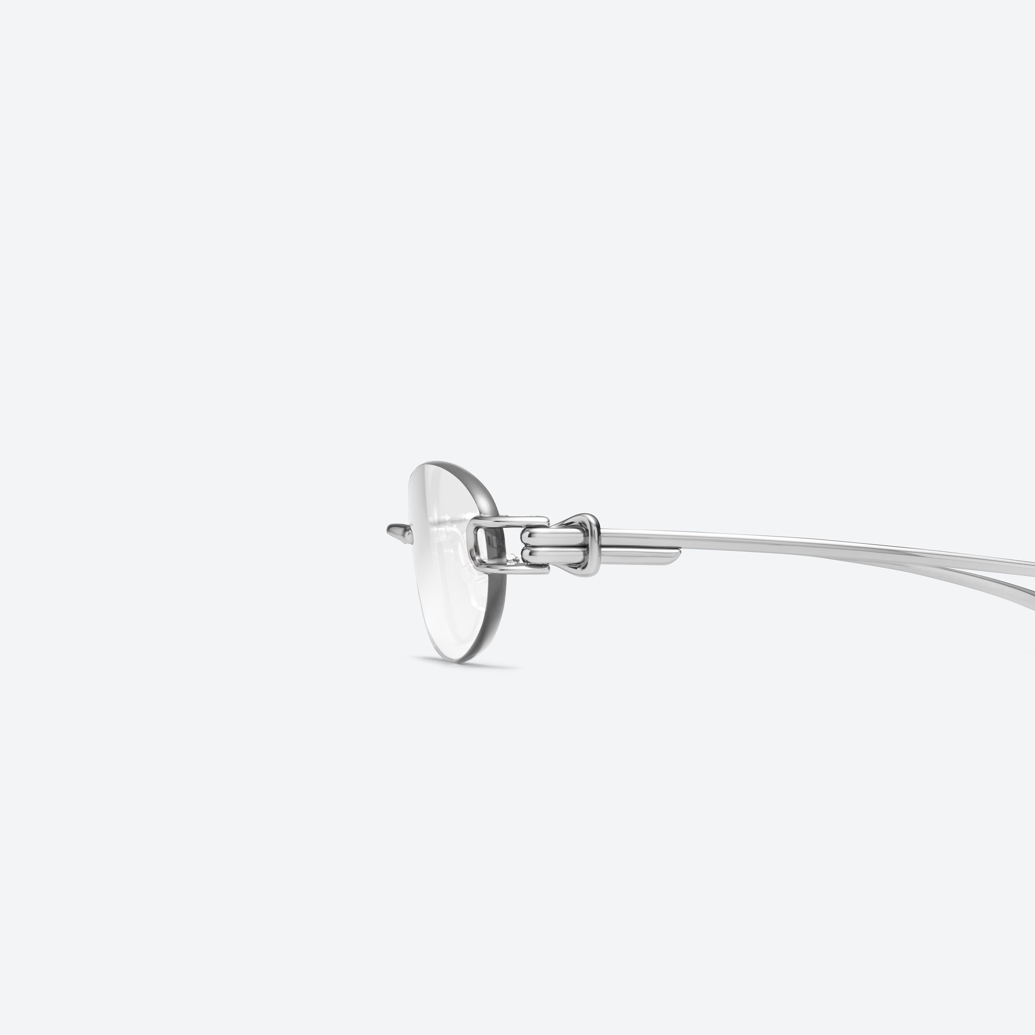 A detailed left view of Gentle Monster Musubi 02 Silver Metal framed Oval glasses.