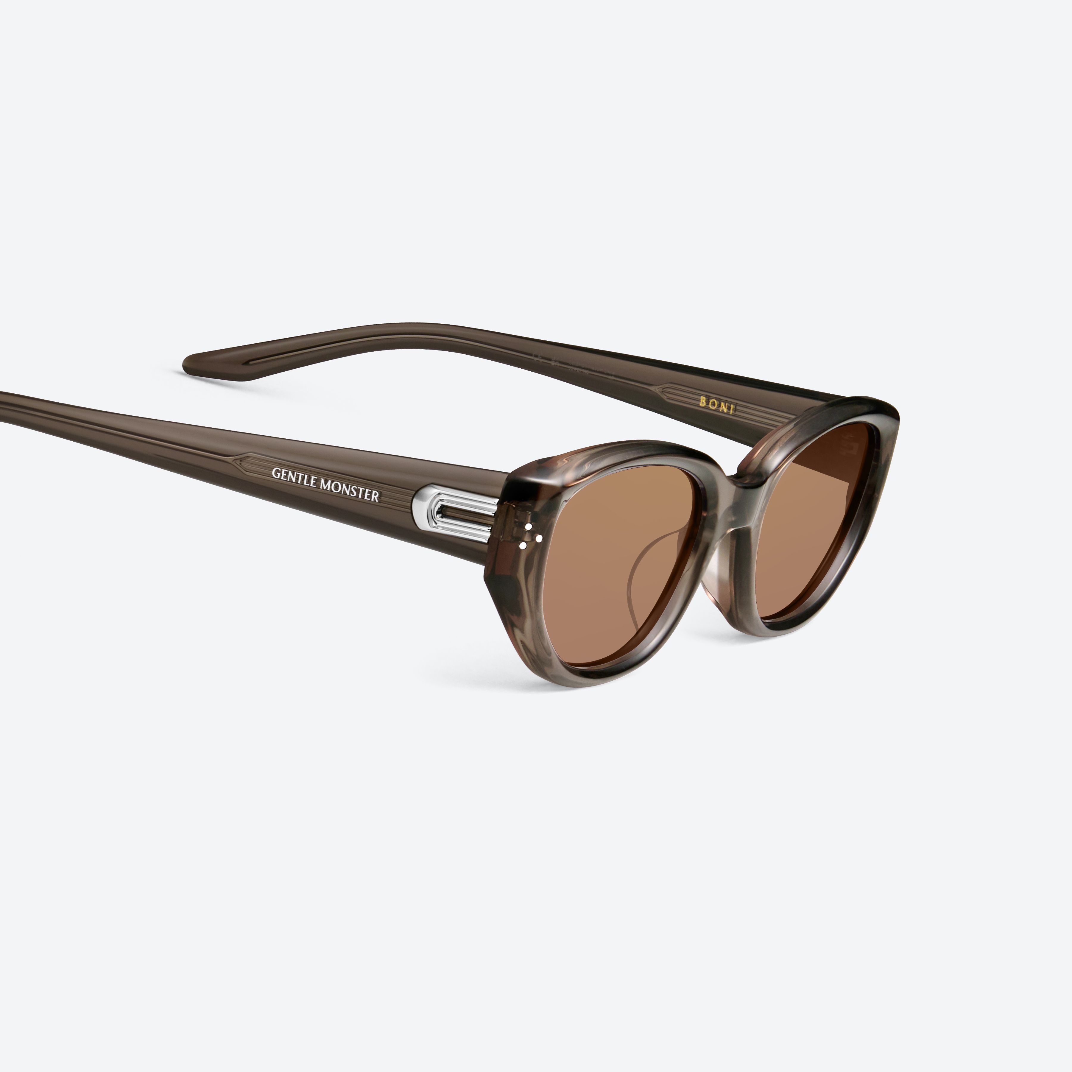 45-degree detailed view of Gentle Monster Boni BRC17 Brown Acetate framed Cat-eye sunglasses.