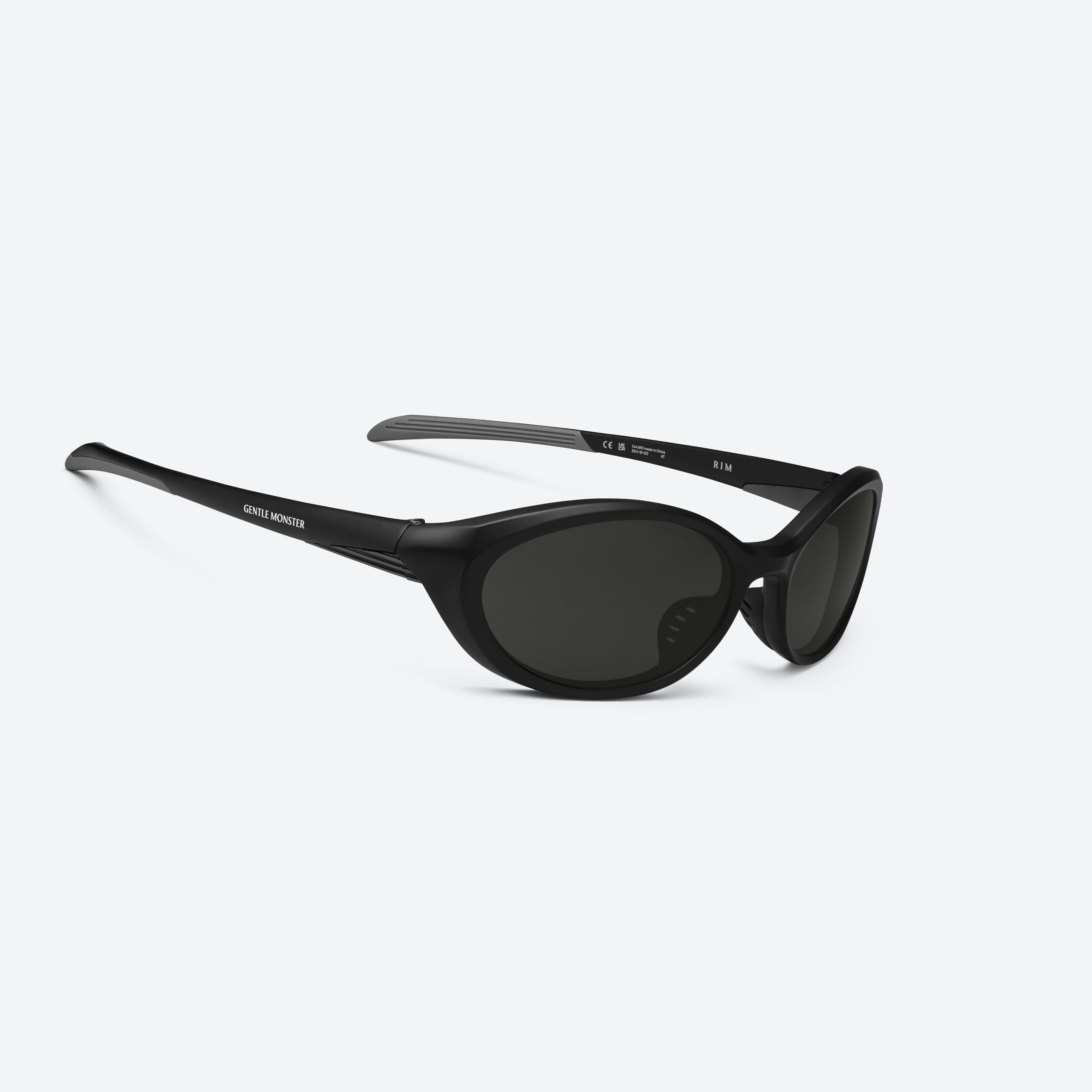 45-degree detailed view of Gentle Monster Rim M01 Black Nylon framed Wraparound sunglasses.
