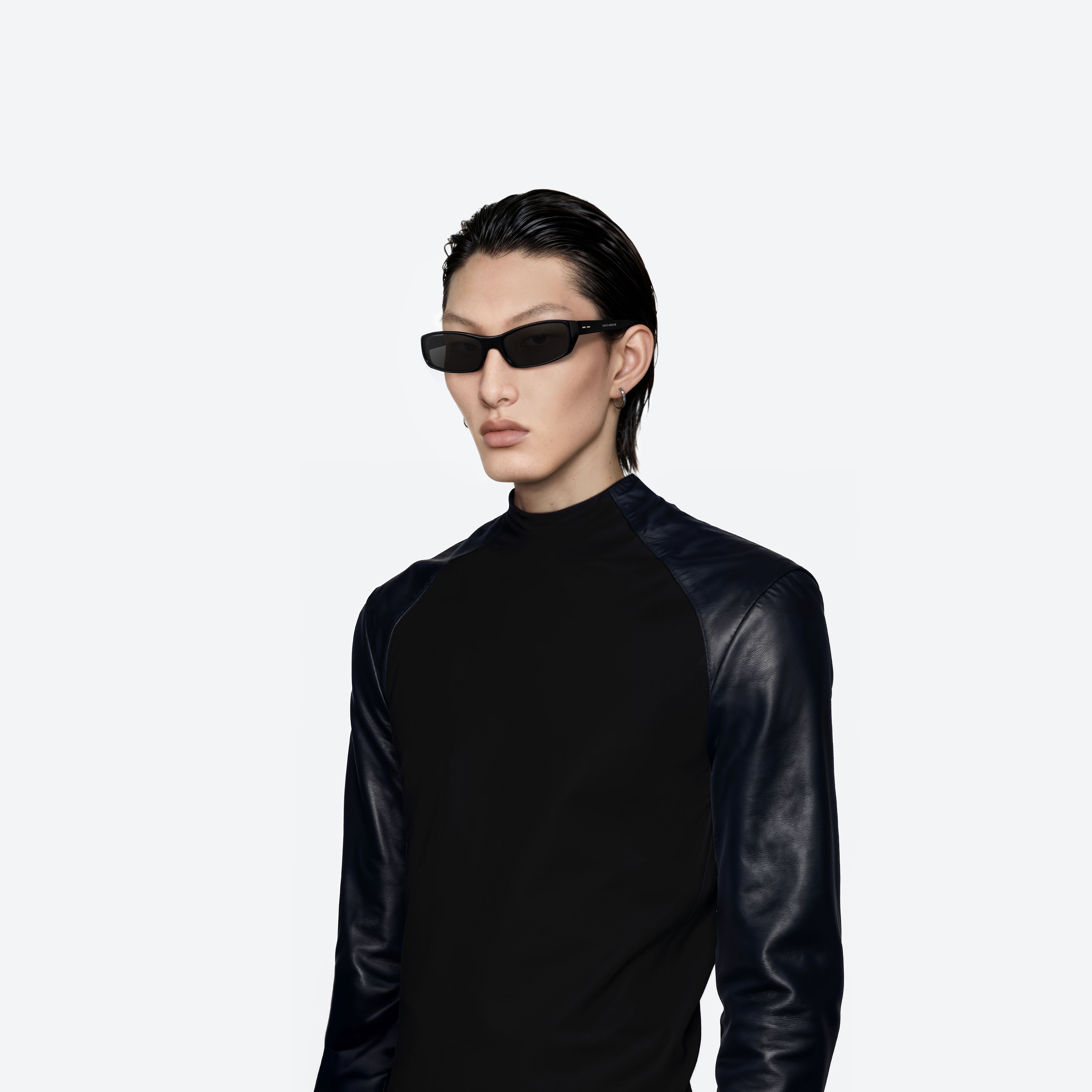 Model wearing the Noid 01 Black Acetate framed Square sunglasses.