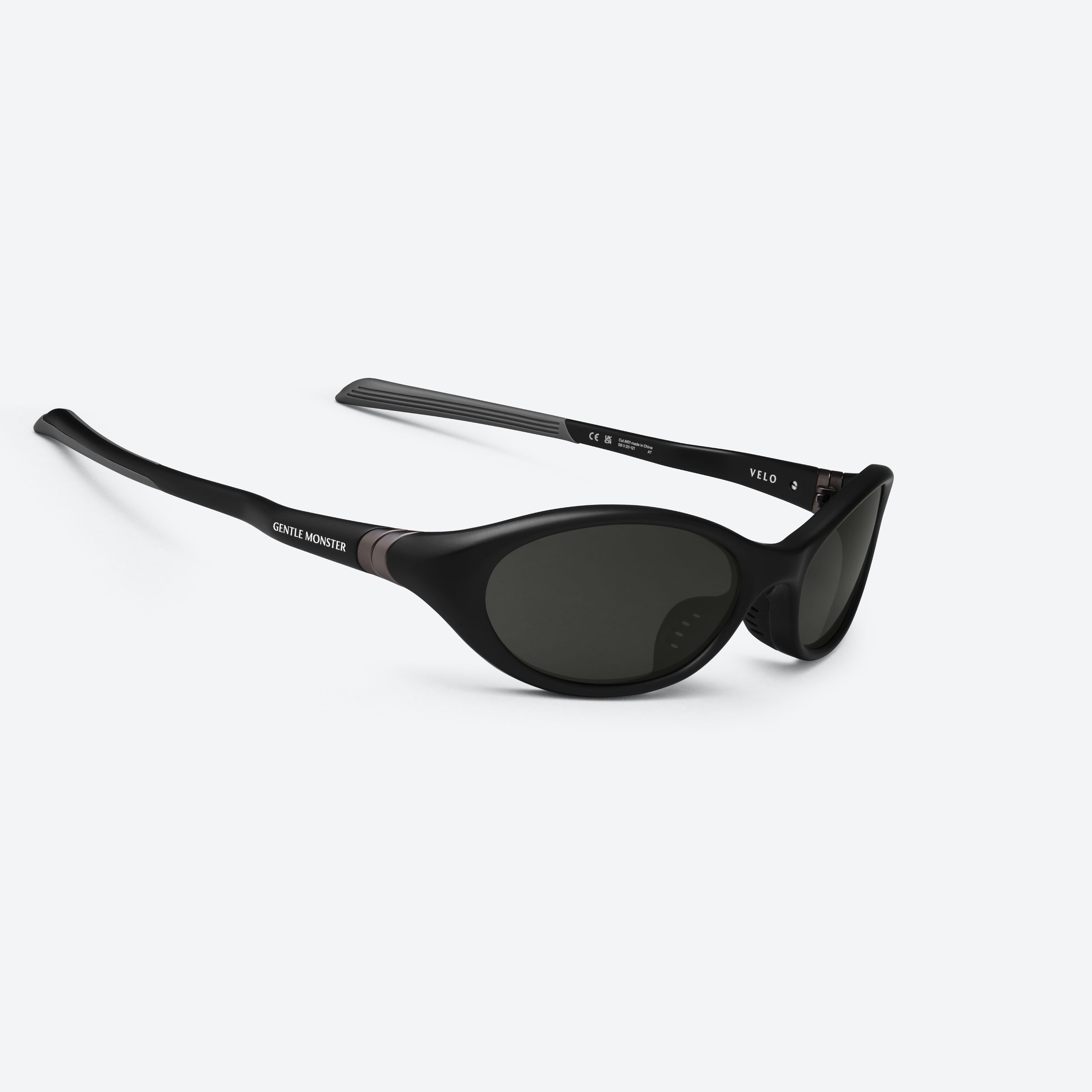 45-degree detailed view of Gentle Monster Velo M01 Black Nylon framed Wraparound sunglasses.