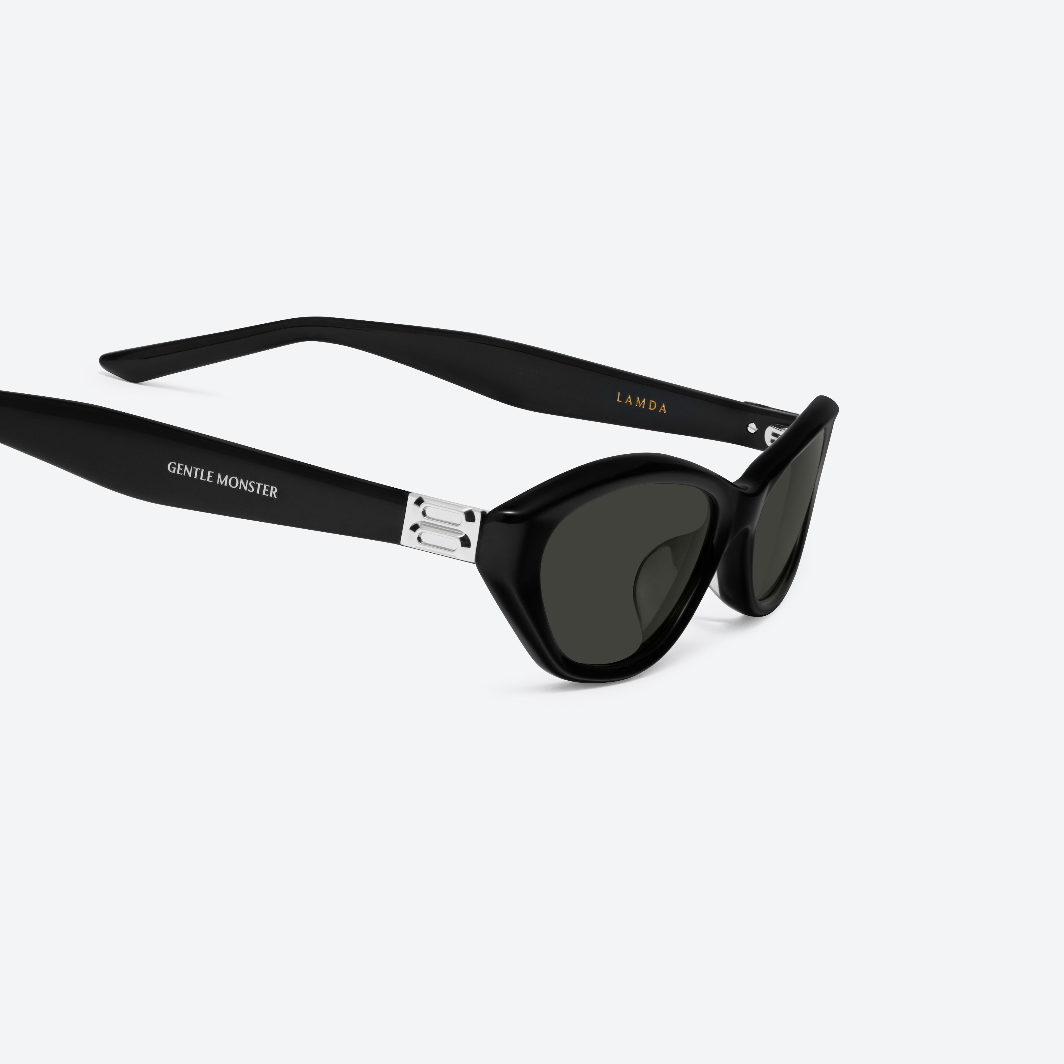 45-degree detailed view of Gentle Monster Lamda 01 Black Acetate framed Cat-eye sunglasses.