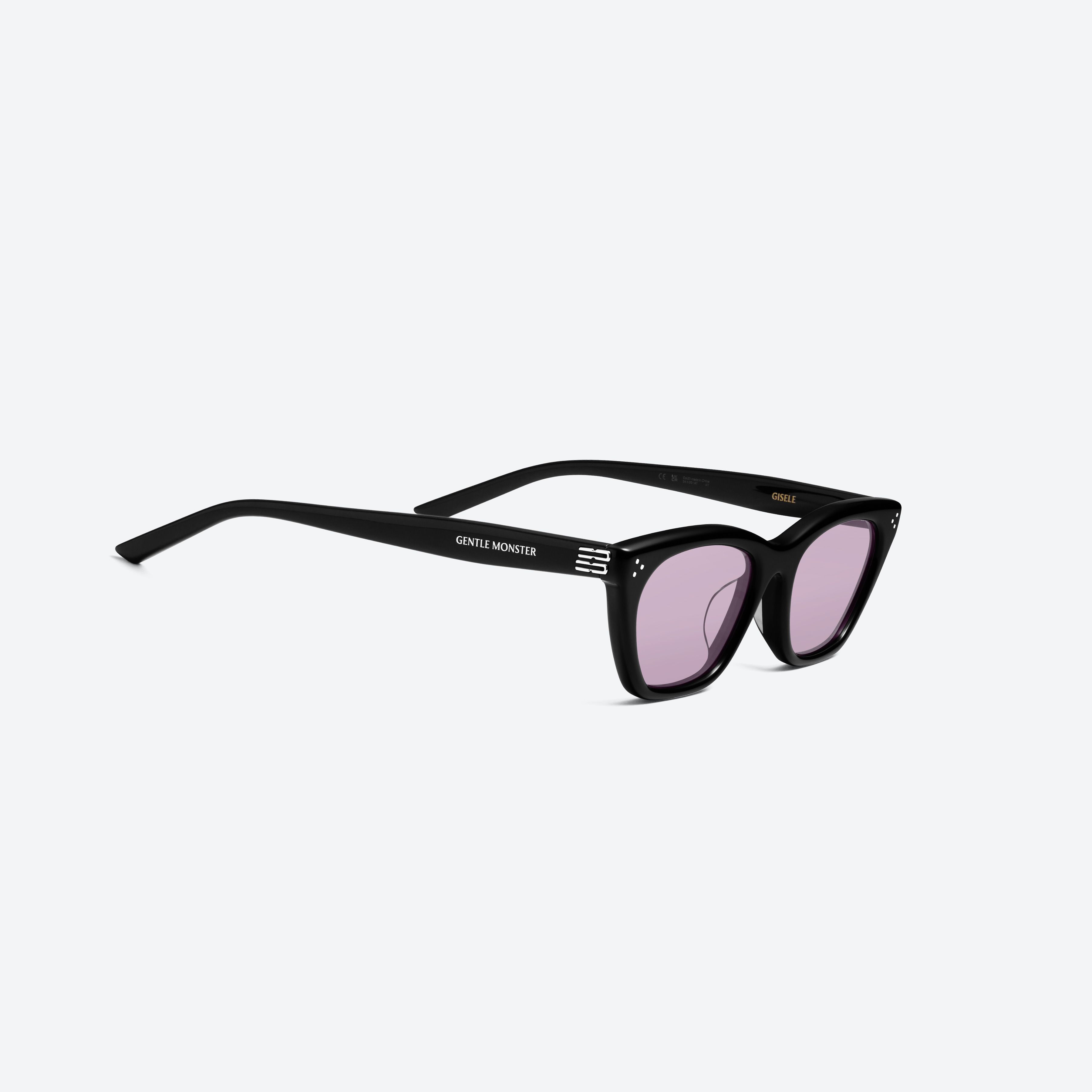 45-degree detailed view of Gentle Monster Gisele 01(V) Black Acetate framed Cat-eye sunglasses.
