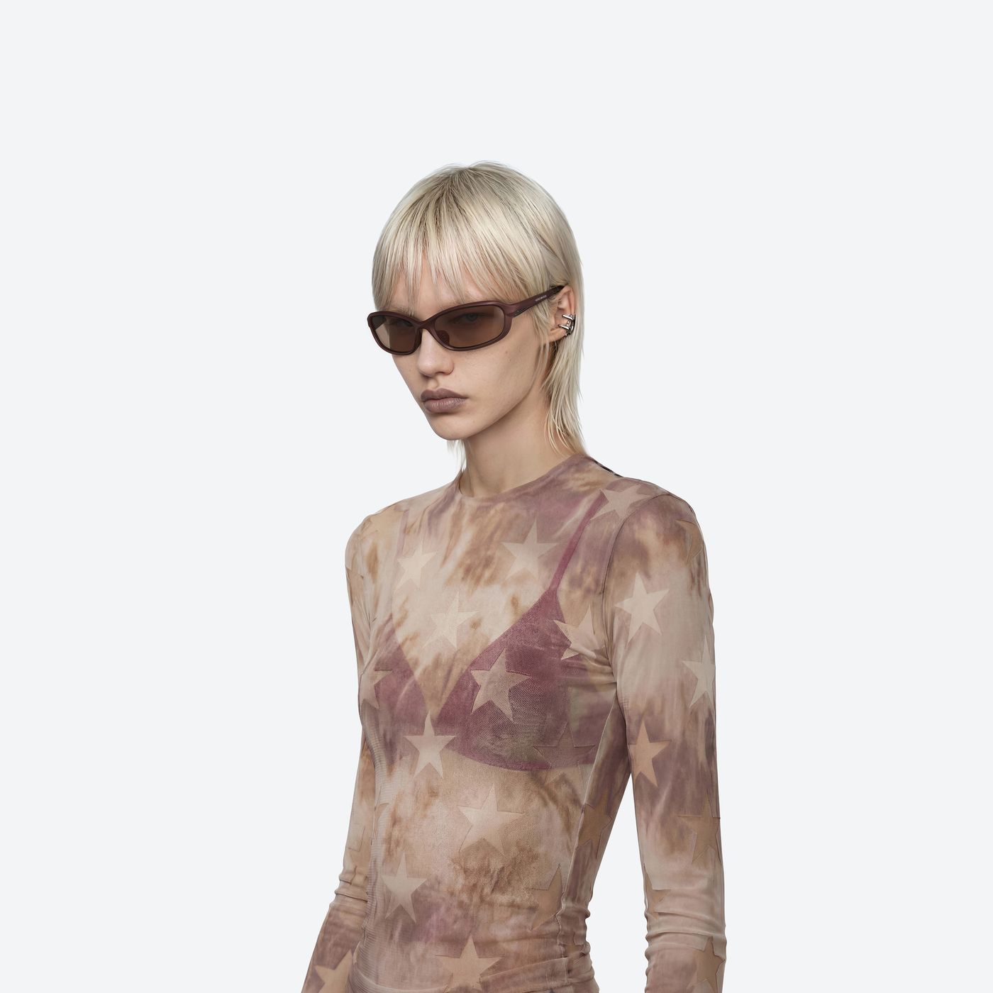 Model wearing the Volt MBR5 Brown Nylon framed Wraparound sunglasses.