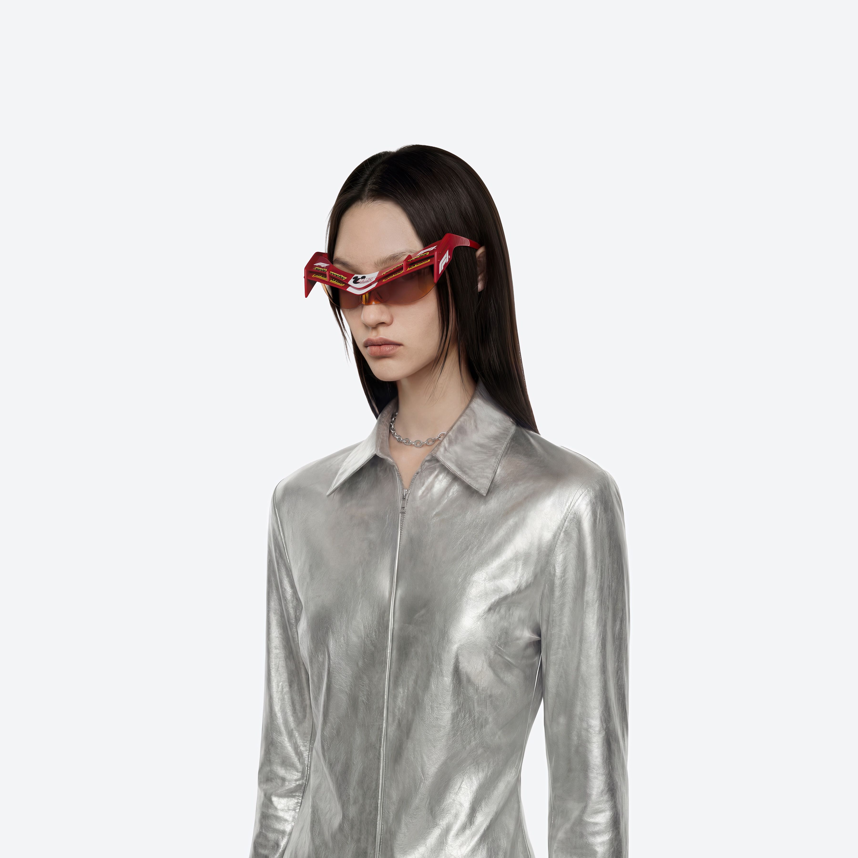 Model wearing the Disney F1 - Wing 4 R13 Red Nylon framed Wraparound sunglasses.