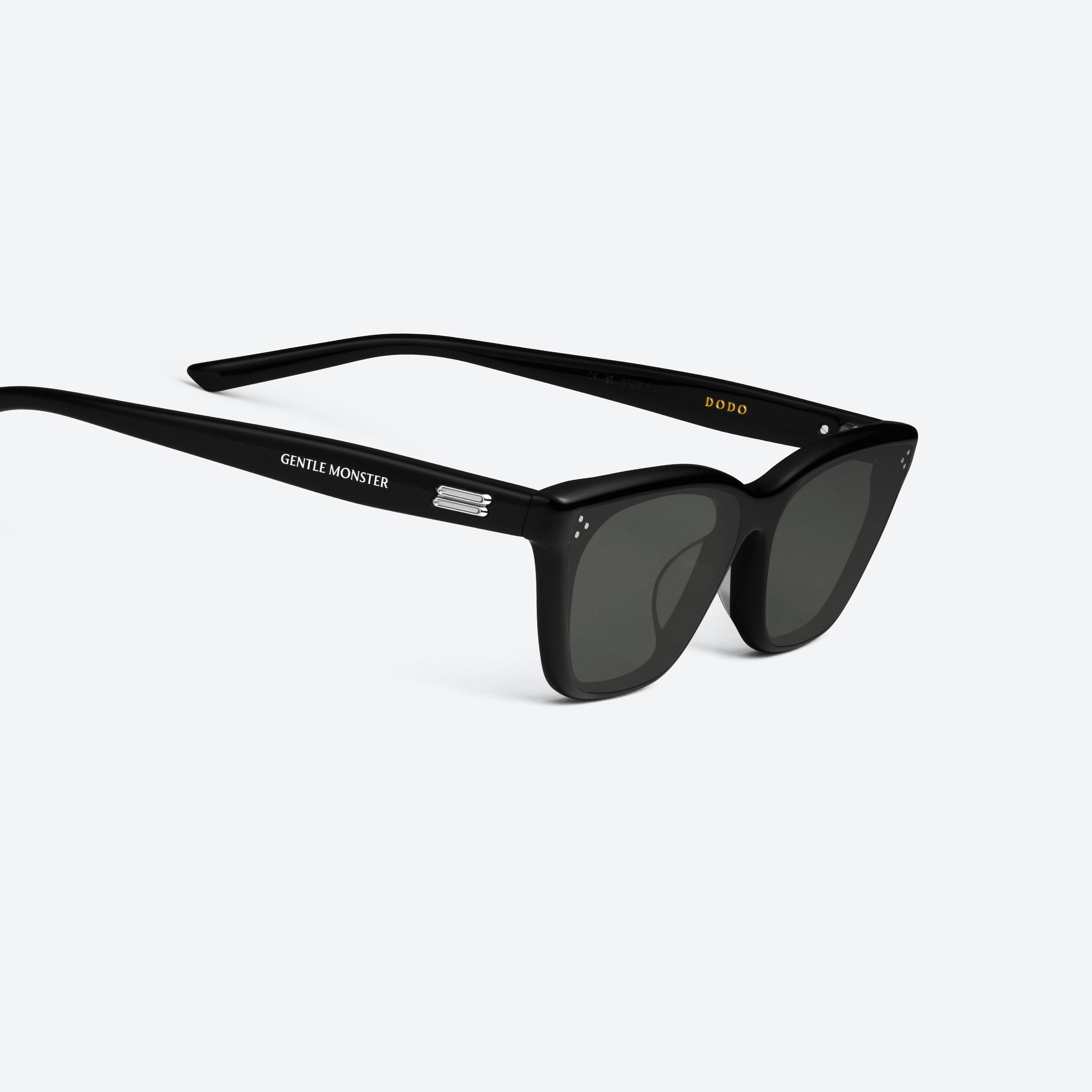 45-degree detailed view of Gentle Monster Dodo 01 Black Acetate framed Cat-eye sunglasses.
