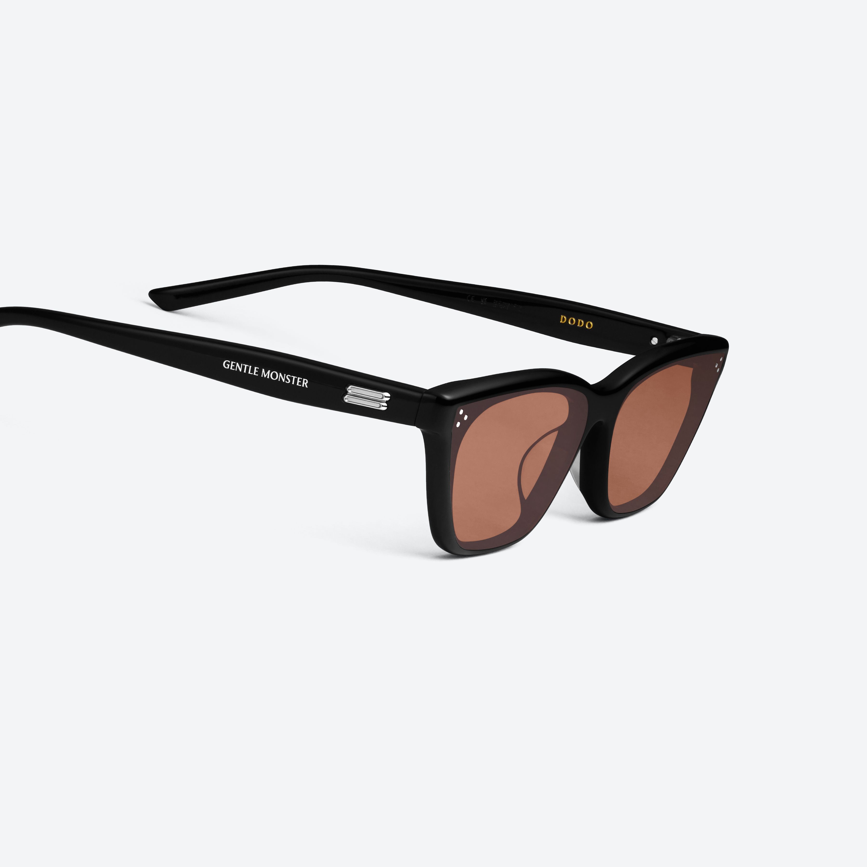 45-degree detailed view of Gentle Monster Dodo 01(RM) Black Acetate framed Cat-eye sunglasses.