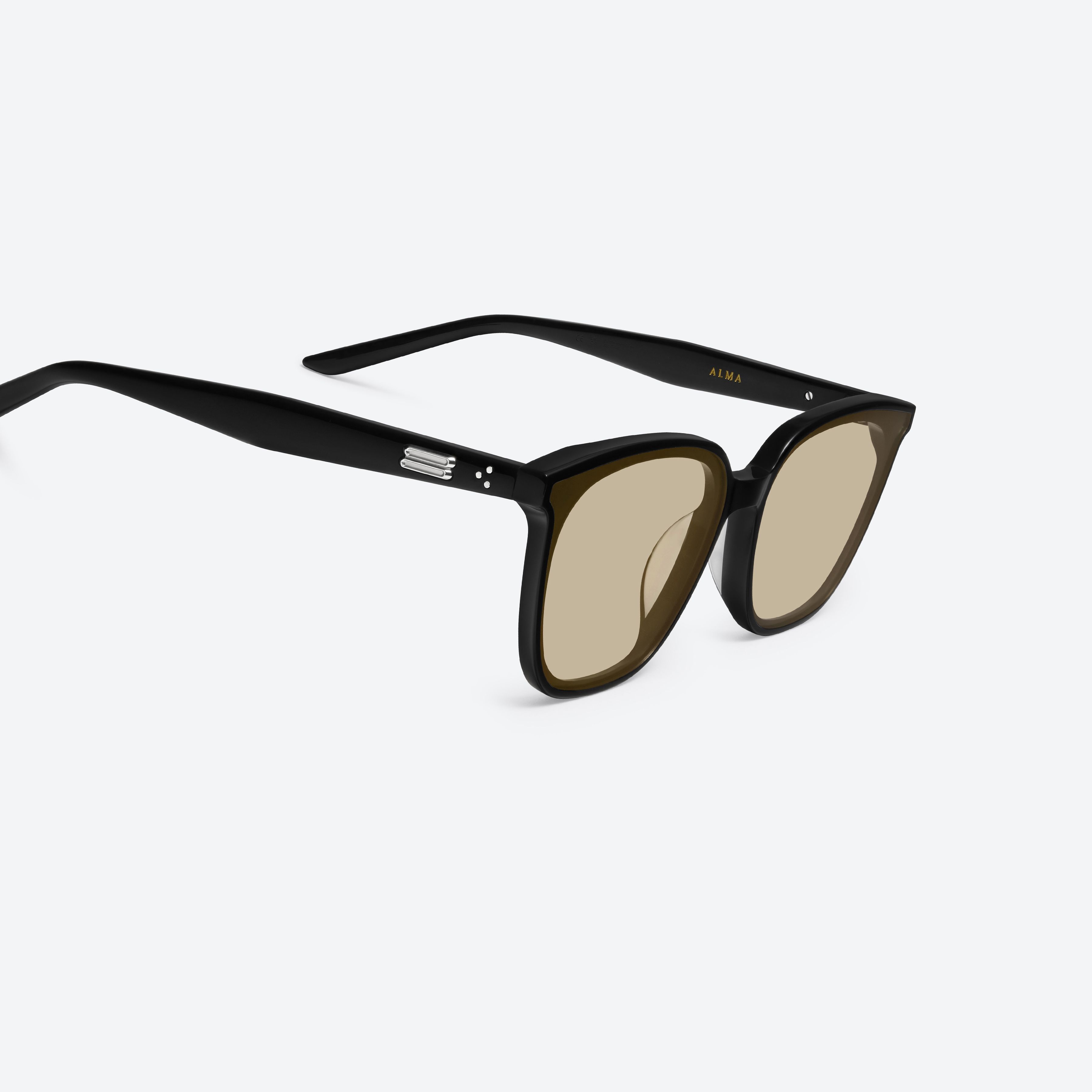 45-degree detailed view of Gentle Monster Alma 01(BR) Black Acetate framed Square sunglasses.