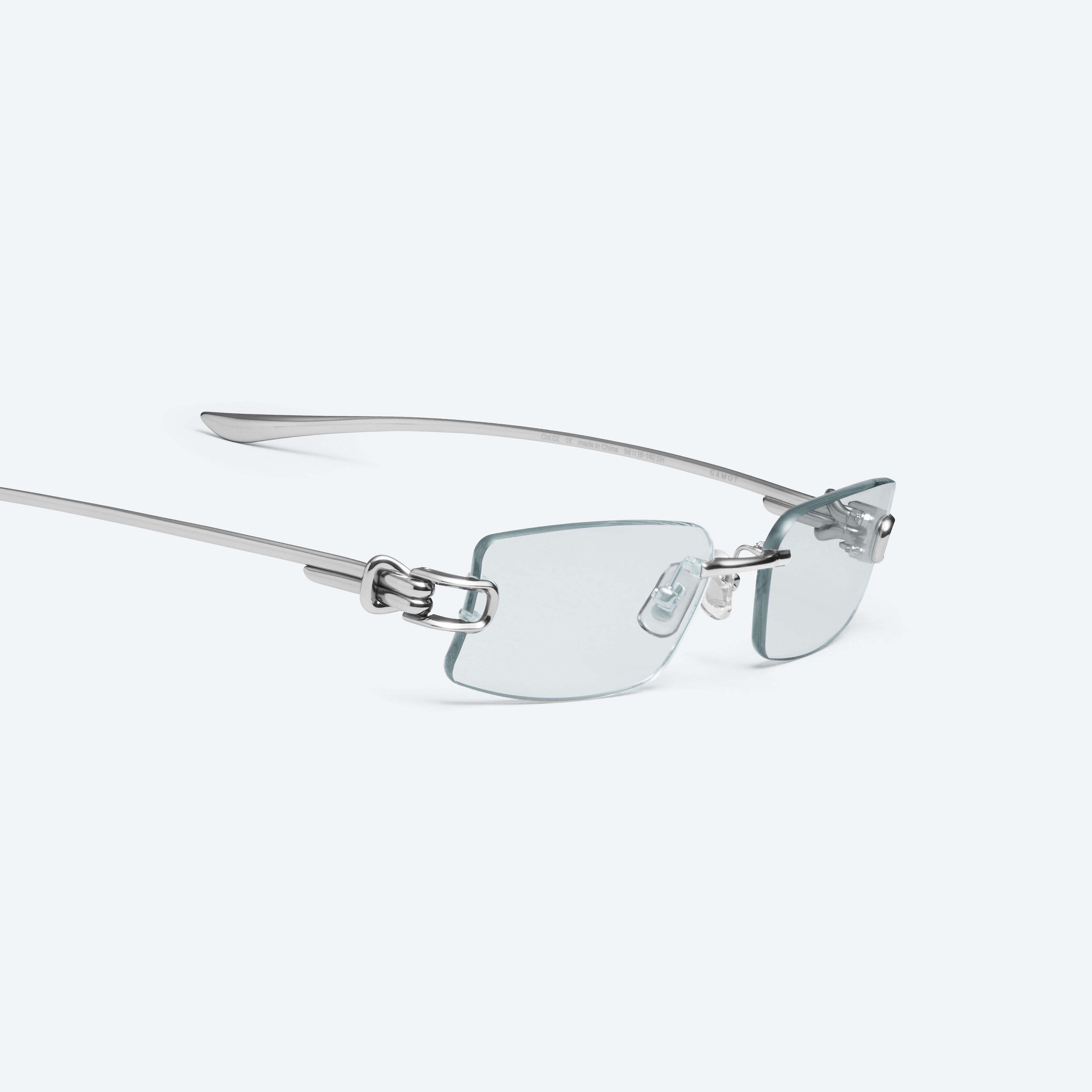 45-degree detailed view of Gentle Monster Gamot 02(GR) Silver Metal framed Square sunglasses.