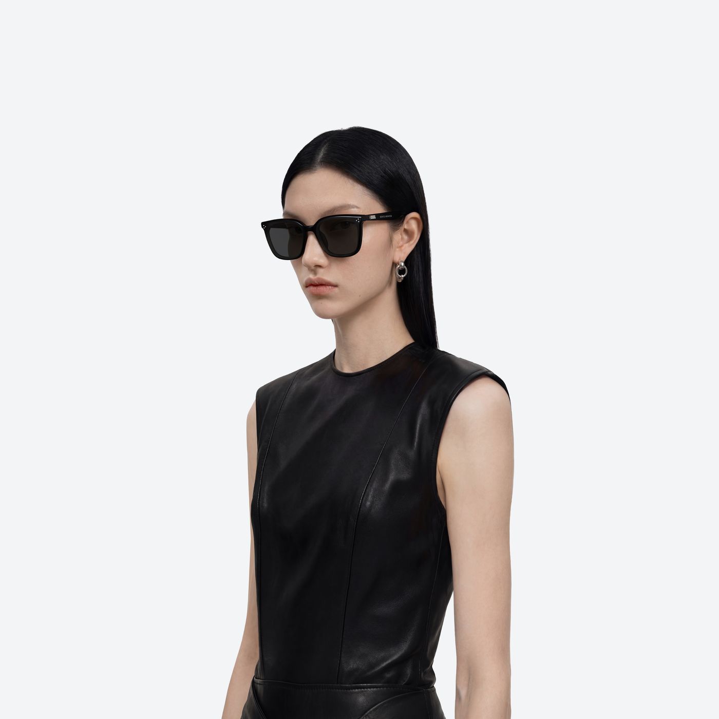 Model wearing the Lo Lou 01 Black Acetate framed Square sunglasses.