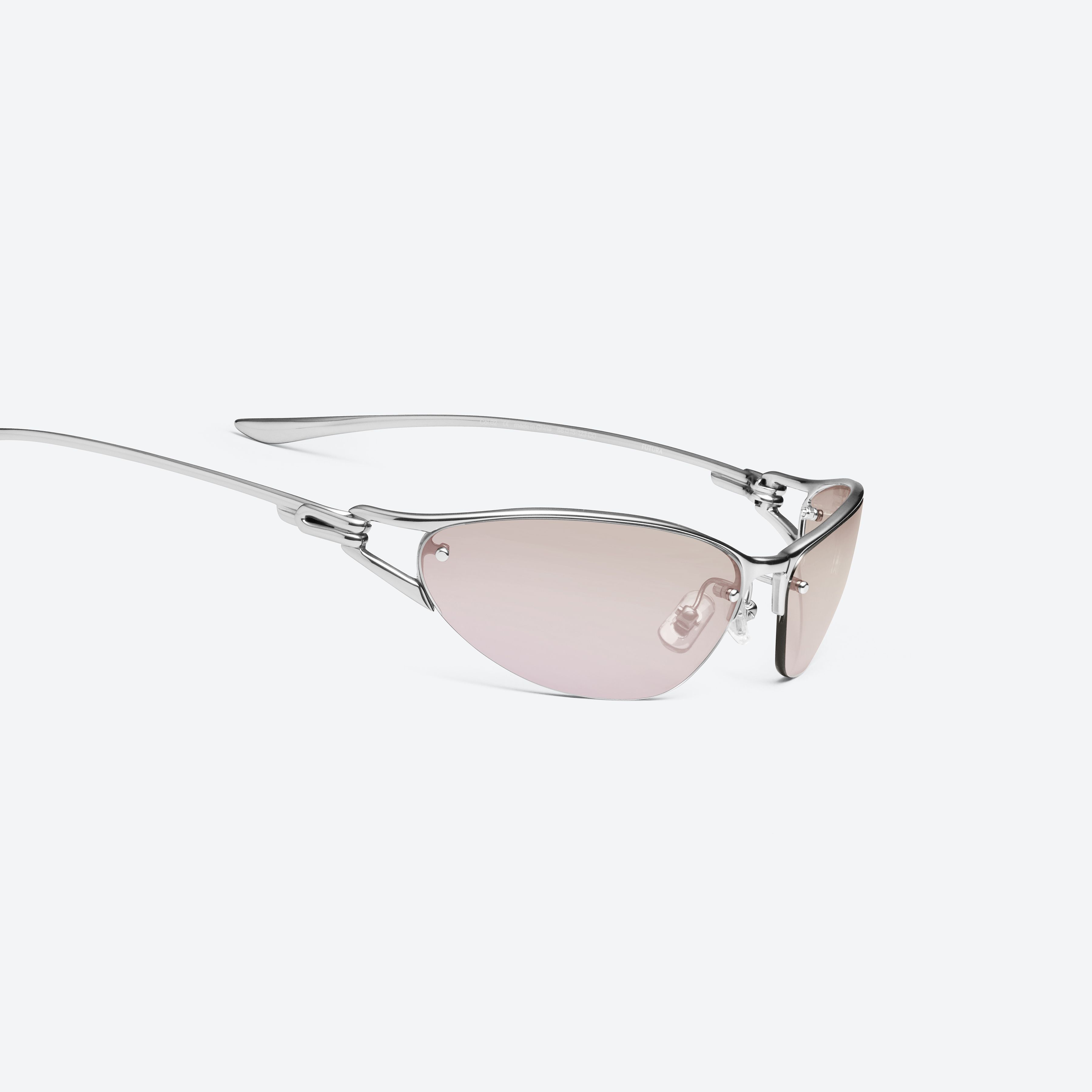 45-degree detailed view of Gentle Monster Futura 02(BRG) Silver Metal framed Wraparound sunglasses.