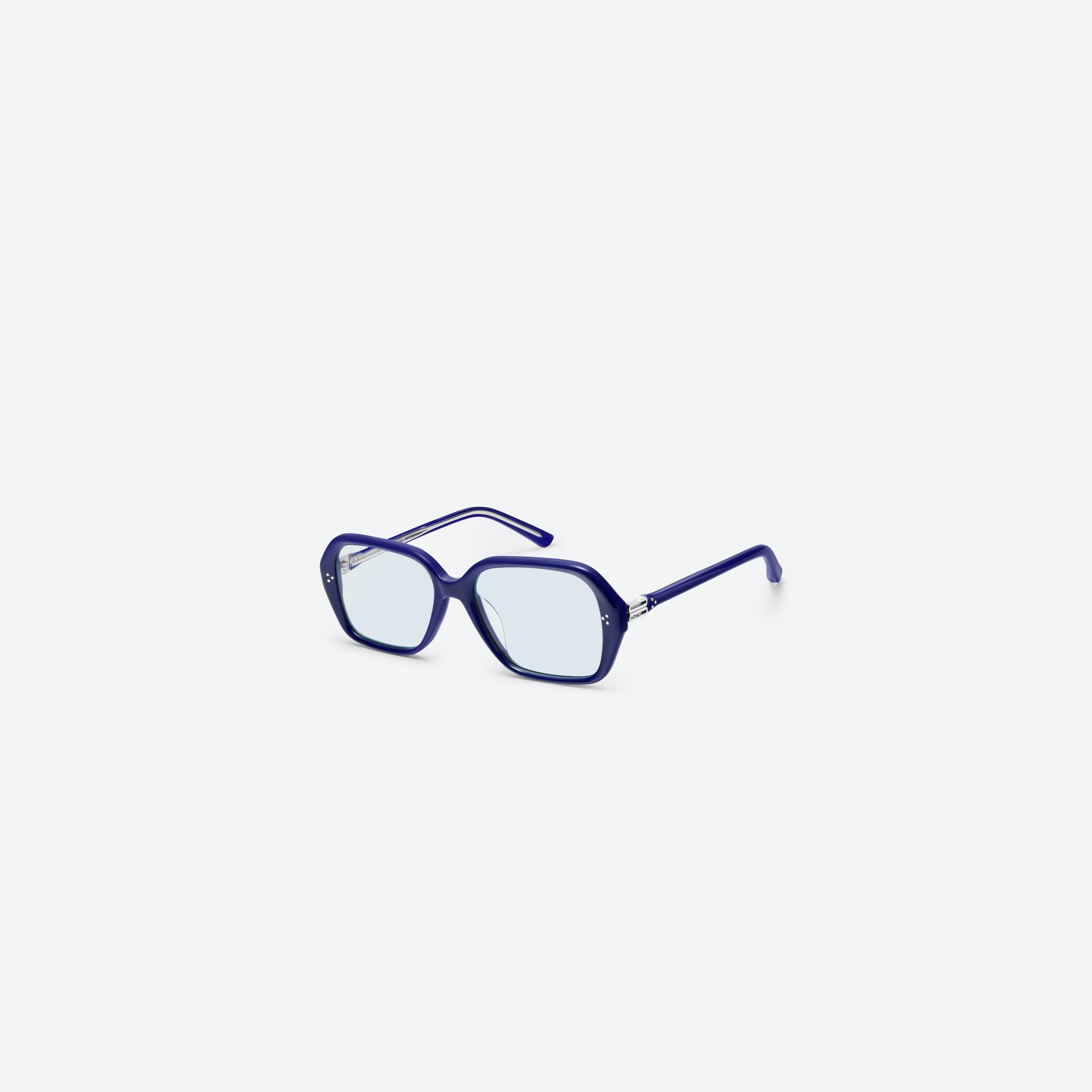45-degree view of Gentle Monster Beca N4 Blue Mixed framed Square glasses.