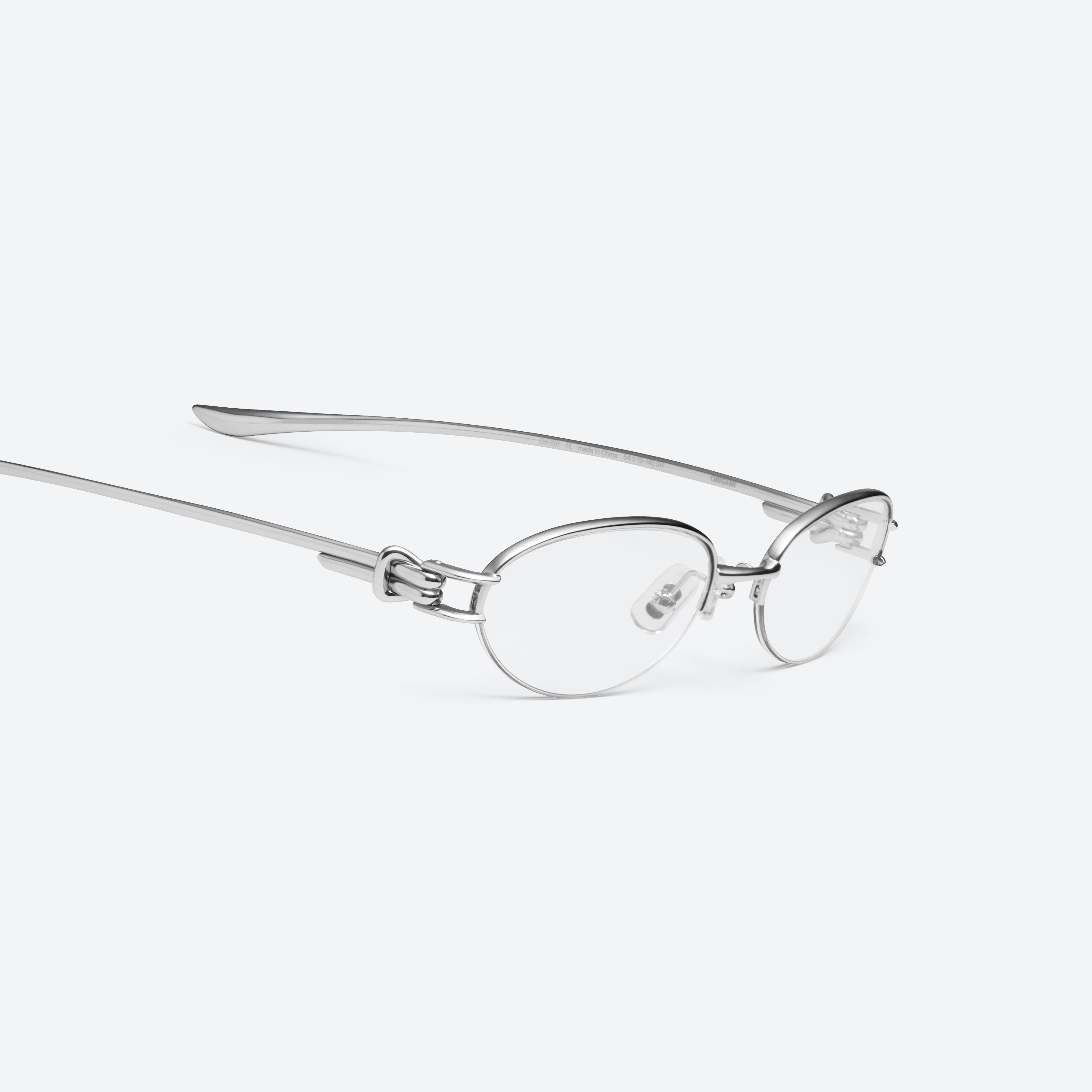 45-degree detailed view of Gentle Monster Origami 02 Silver Metal framed Oval glasses.