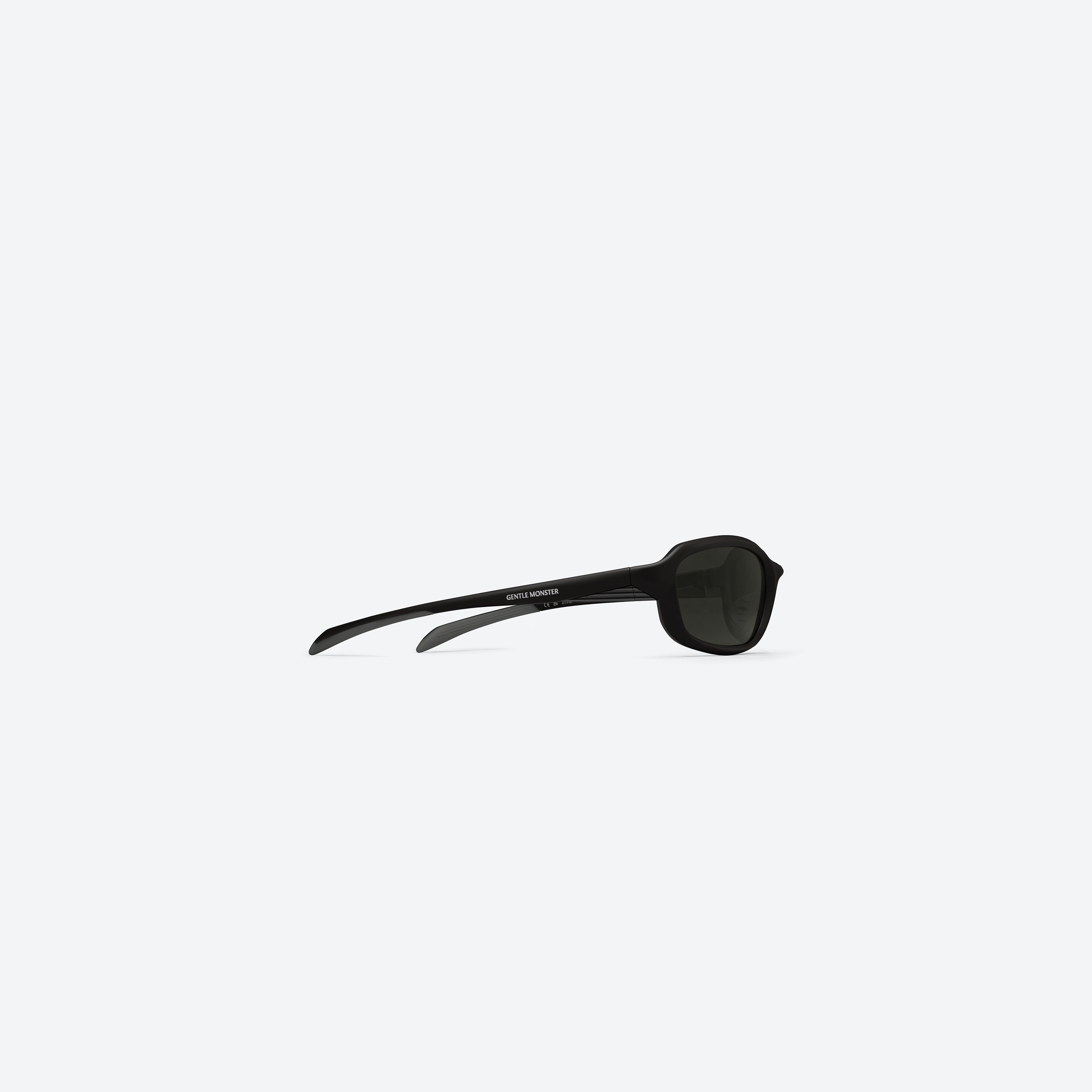 A detailed right view of Gentle Monster Volt M01 Black Nylon framed Wraparound sunglasses.