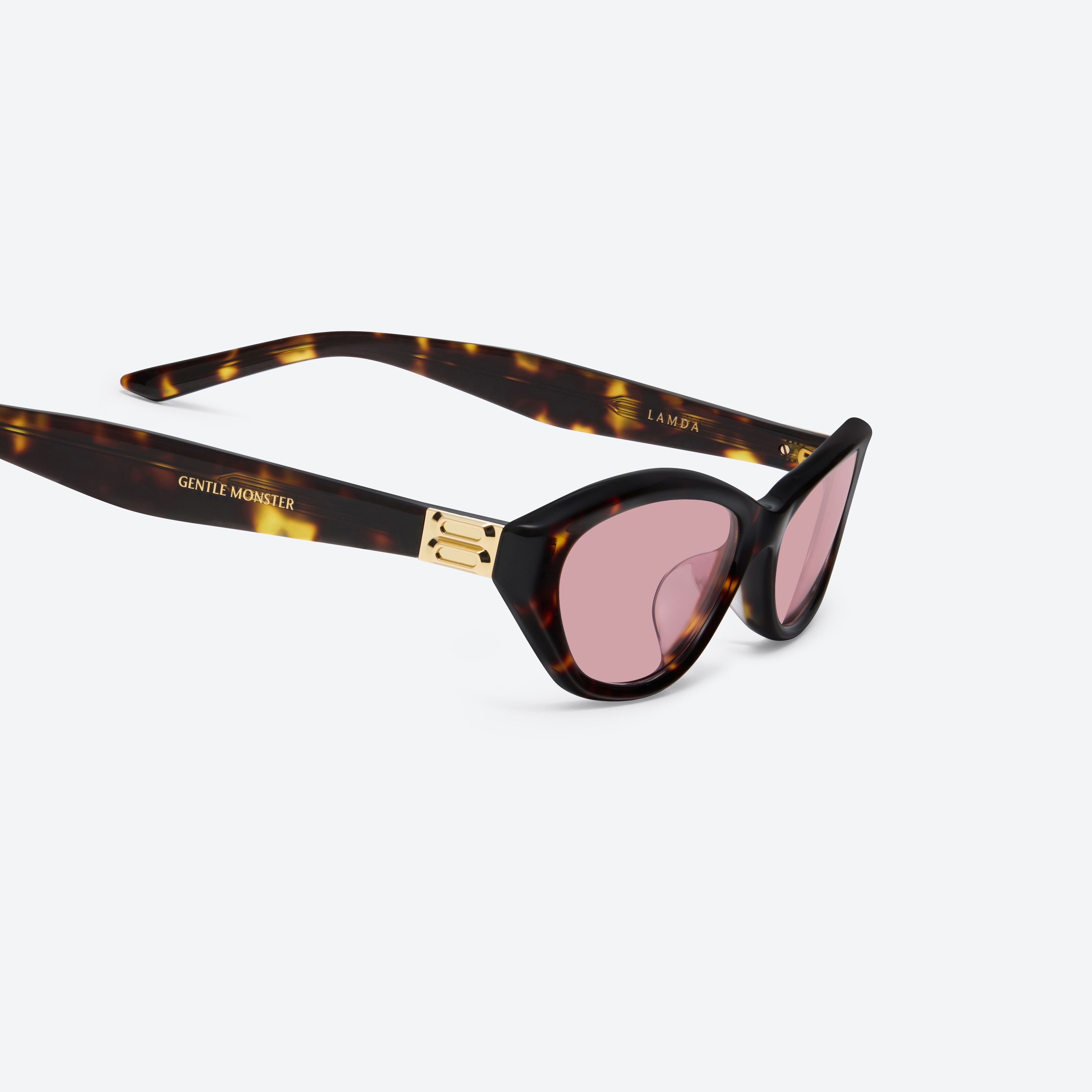 45-degree detailed view of Gentle Monster Lamda T9 Tortoise Acetate framed Cat-eye sunglasses.