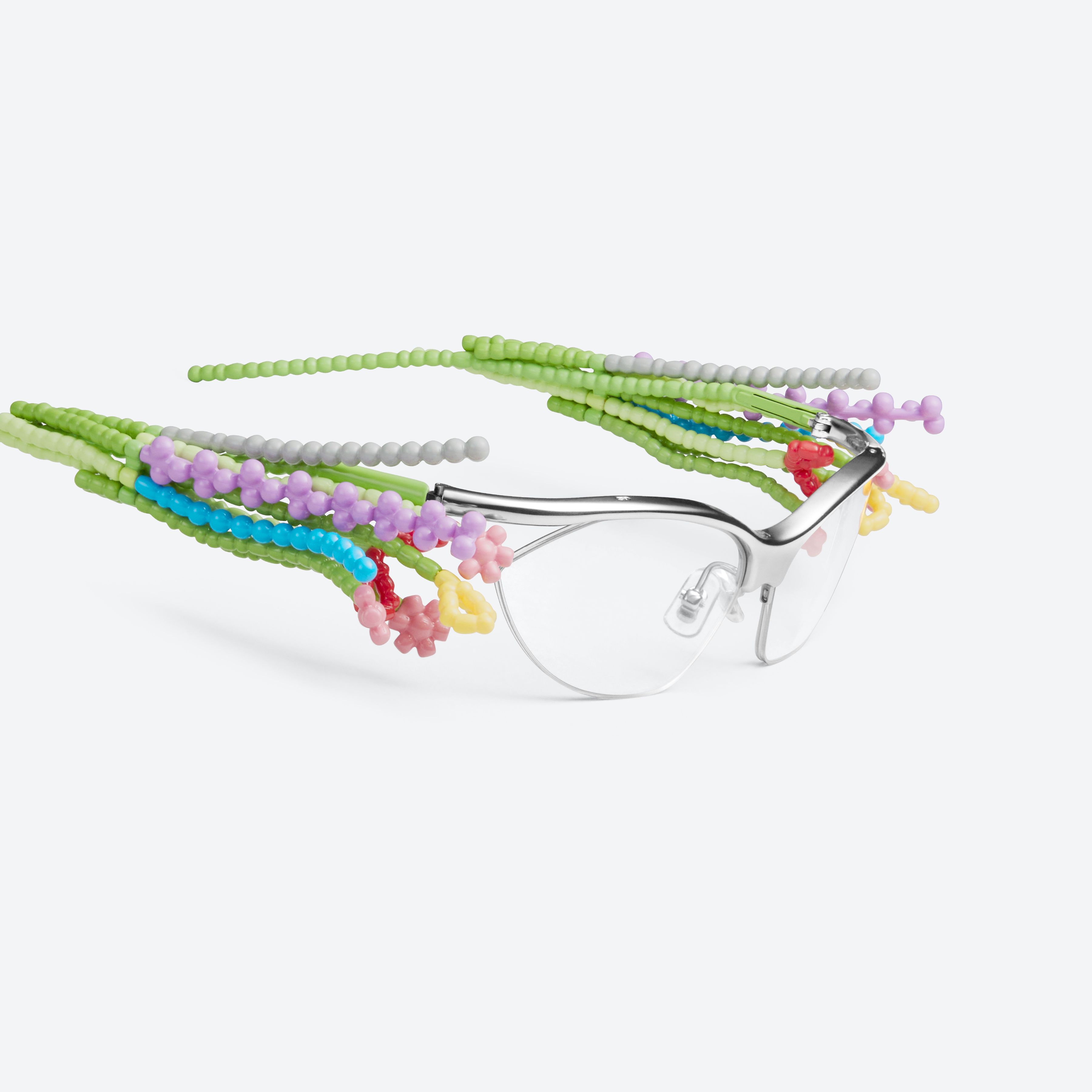 45-degree detailed view of Gentle Monster Bouquet 02 Silver Mixed framed Wraparound glasses.