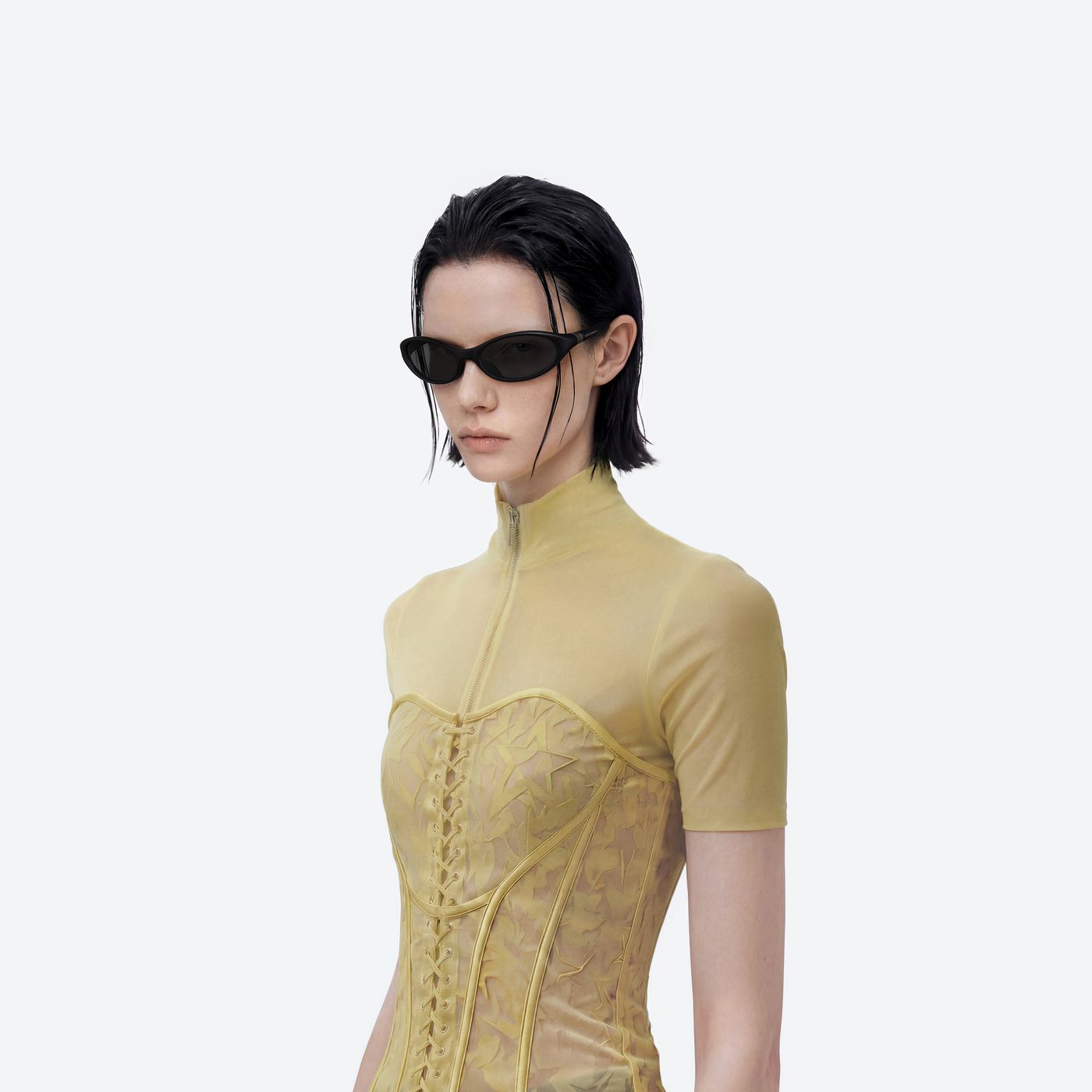 Model wearing the Velo M01 Black Nylon framed Wraparound sunglasses.