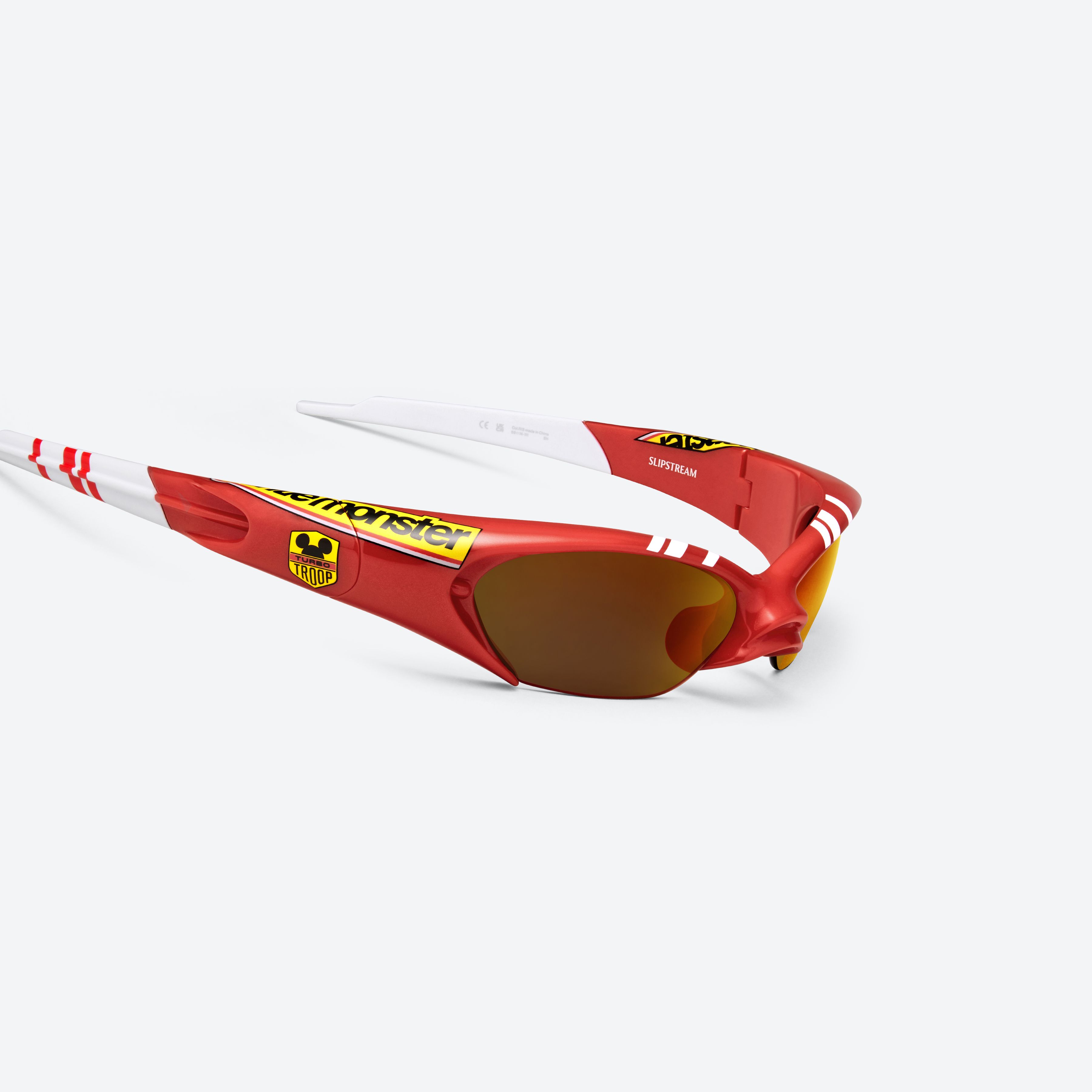 45-degree detailed view of Gentle Monster Disney F1 - Slipstream R13 Red Nylon framed Wraparound sunglasses.
