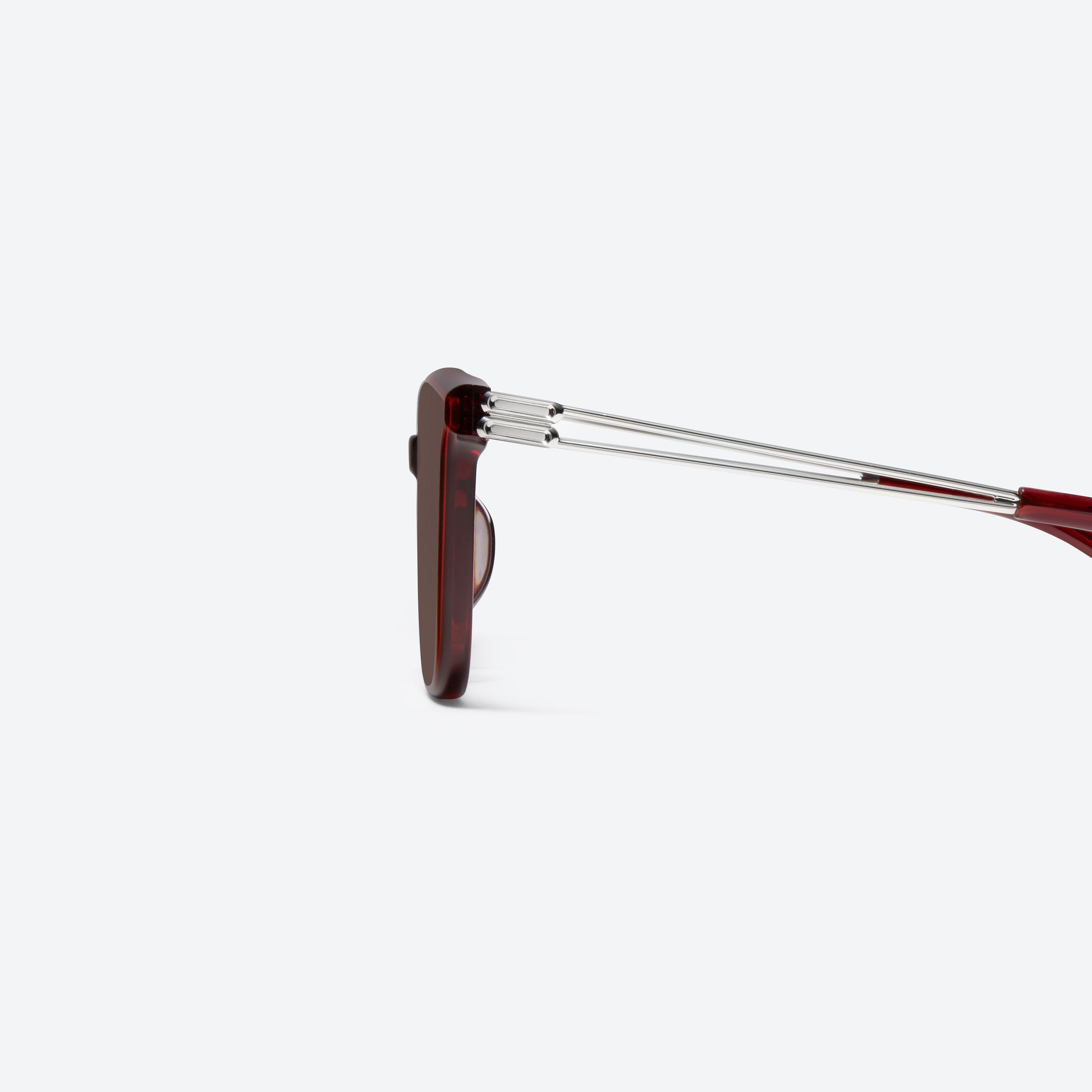 A detailed left view of Gentle Monster La Sola RC3 Red Mixed framed Square sunglasses.