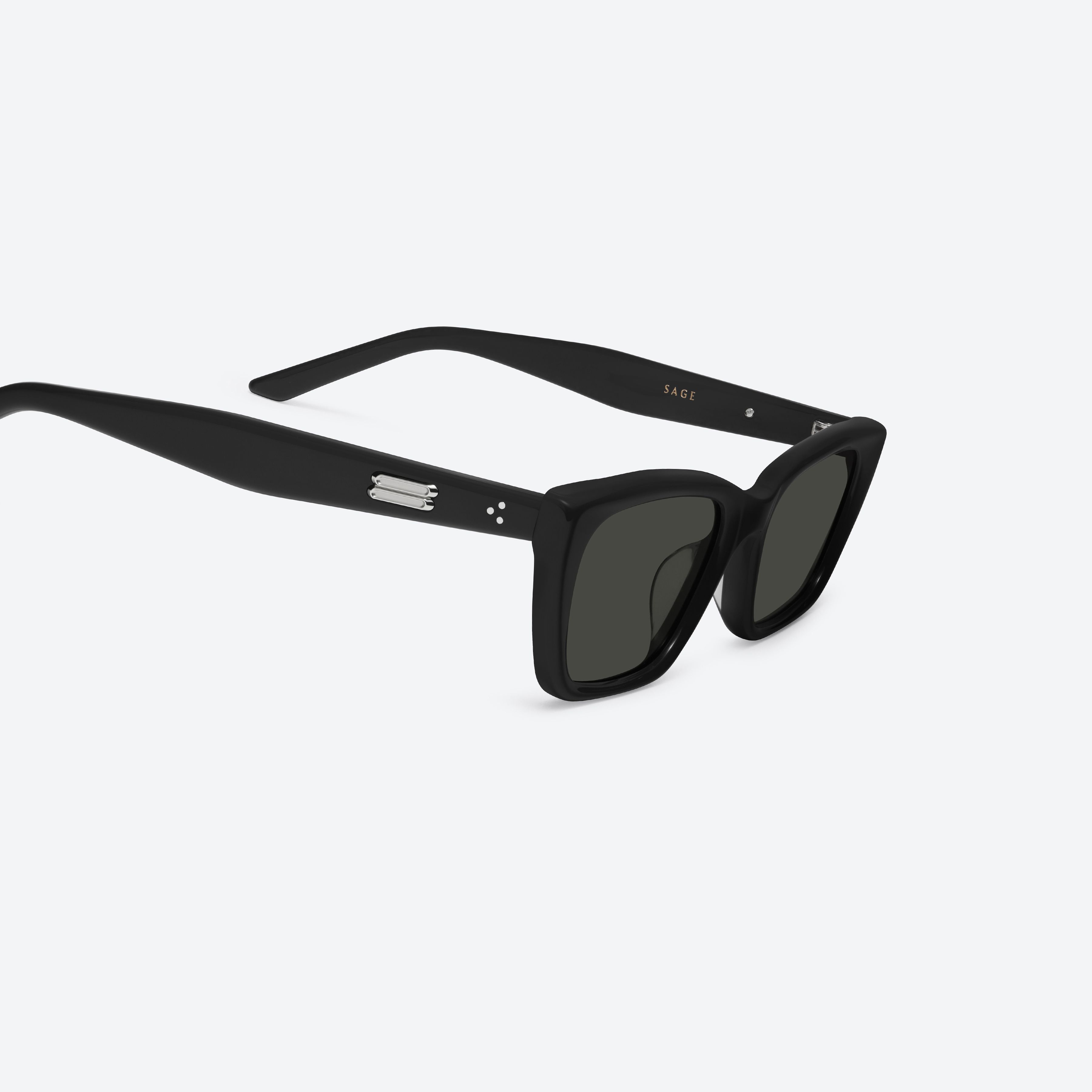45-degree detailed view of Gentle Monster Sage 01 Black Acetate framed Cat-eye sunglasses.