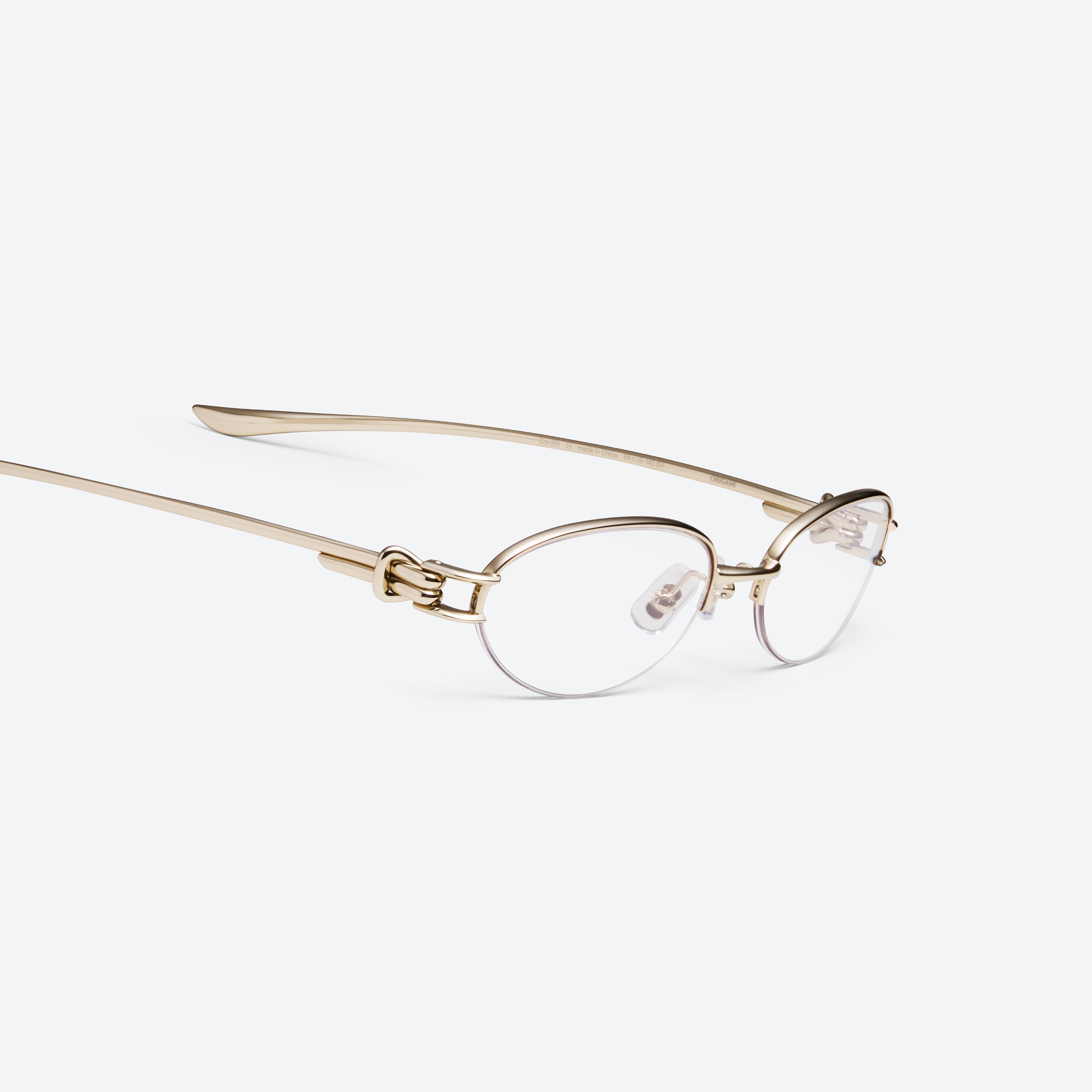 45-degree detailed view of Gentle Monster Origami 031 Gold Metal framed Oval glasses.