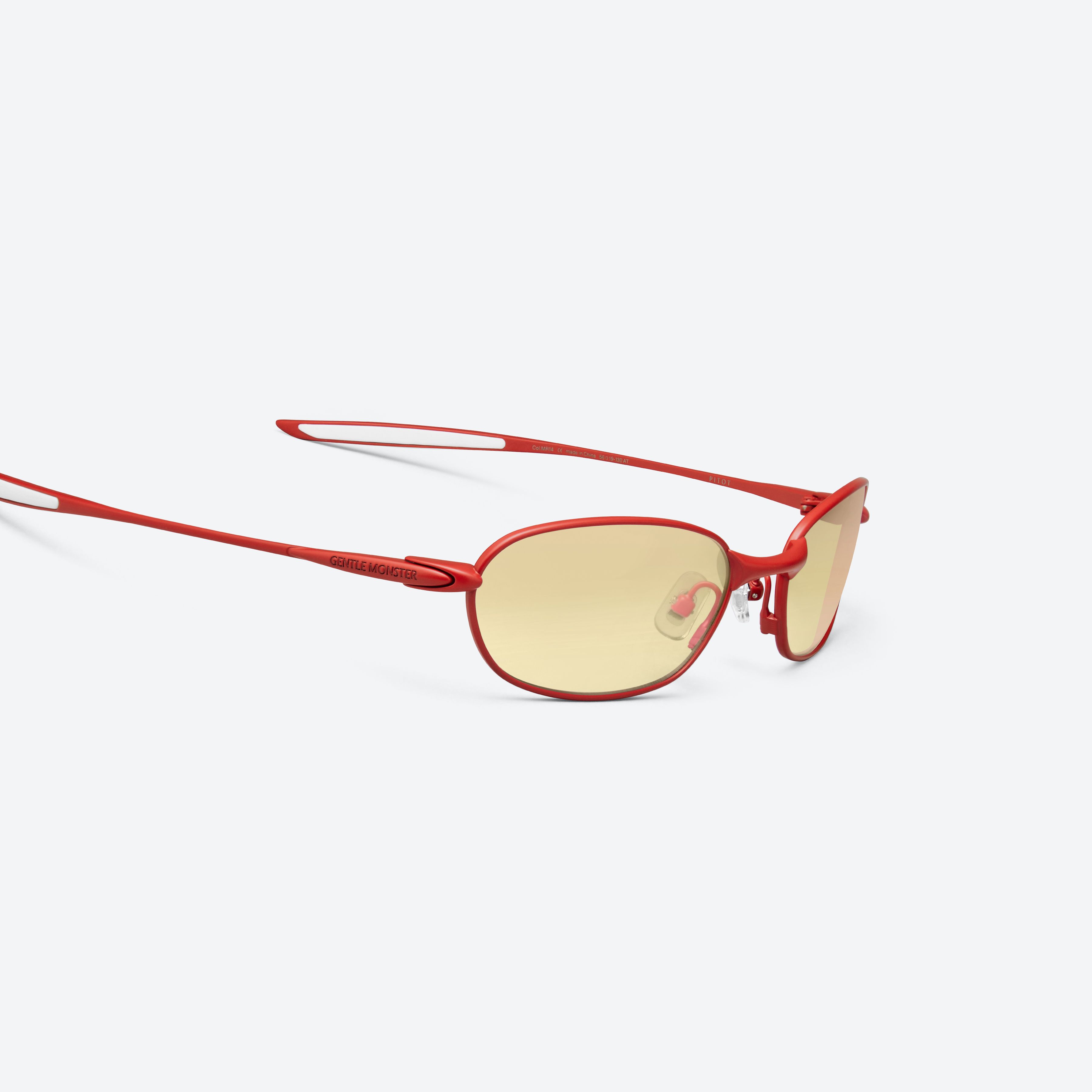 45-degree detailed view of Gentle Monster Pitot MR14 Red Metal framed Wraparound sunglasses.