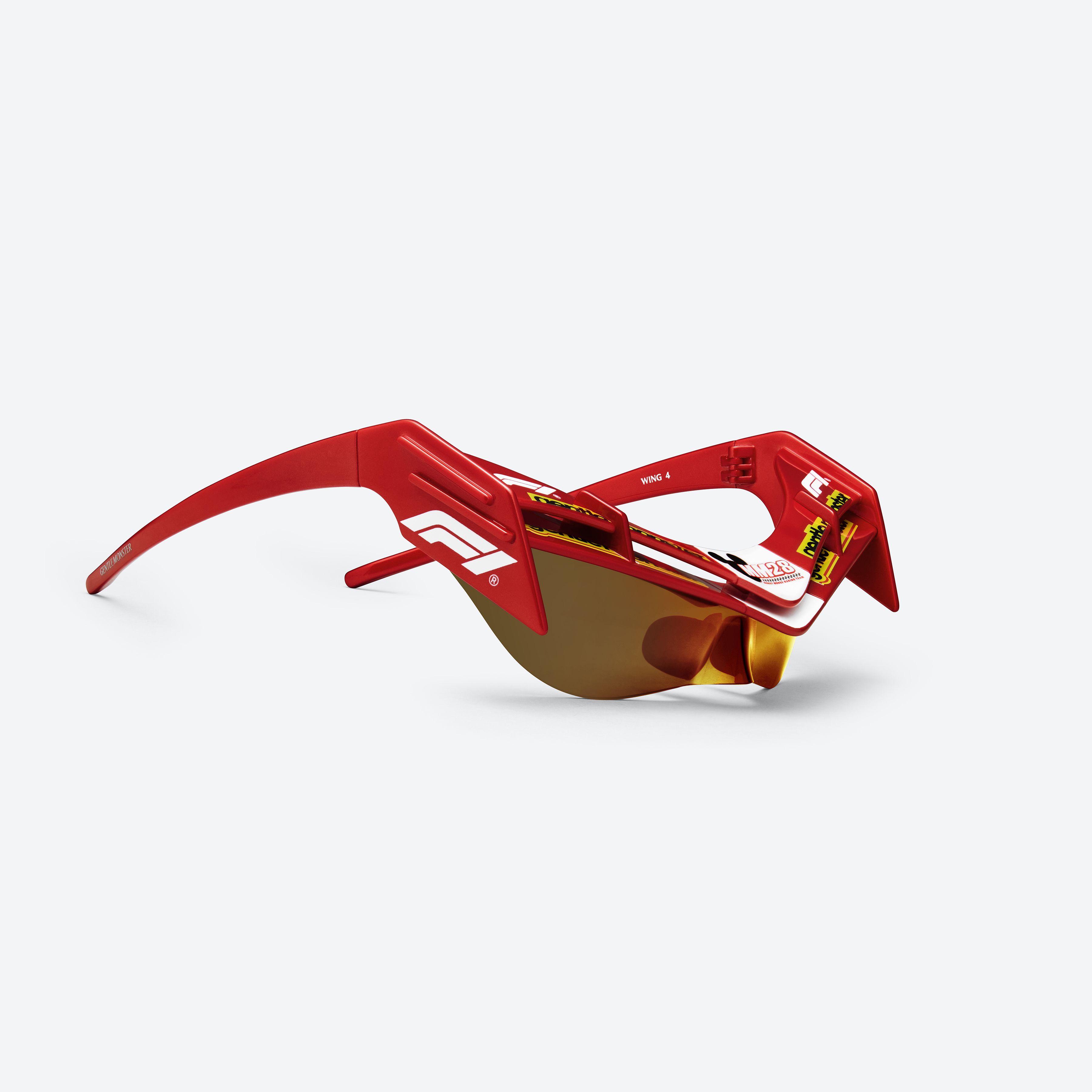 45-degree detailed view of Gentle Monster Disney F1 - Wing 4 R13 Red Nylon framed Wraparound sunglasses.