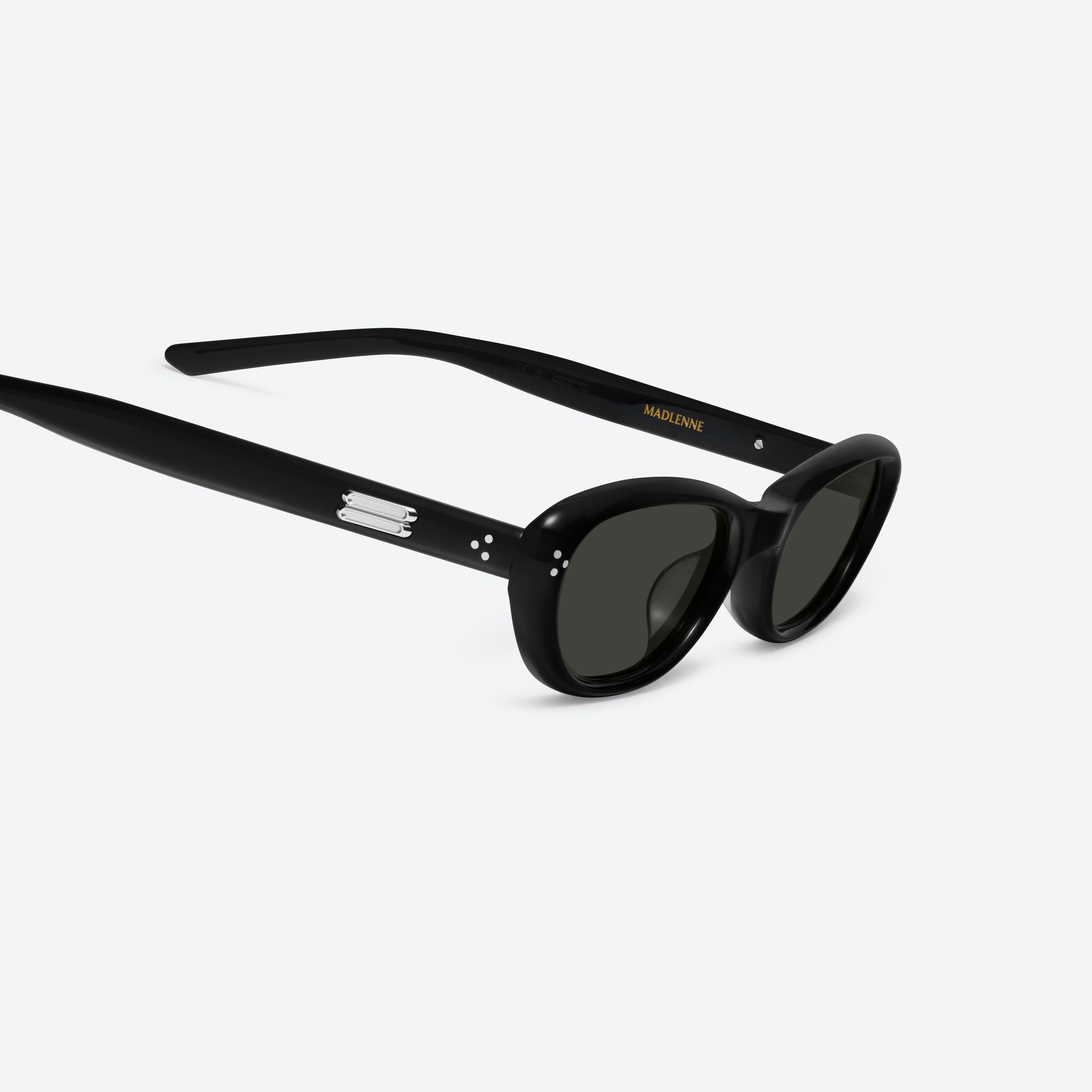 45-degree detailed view of Gentle Monster Madlenne 01 Black Acetate framed Cat-eye sunglasses.