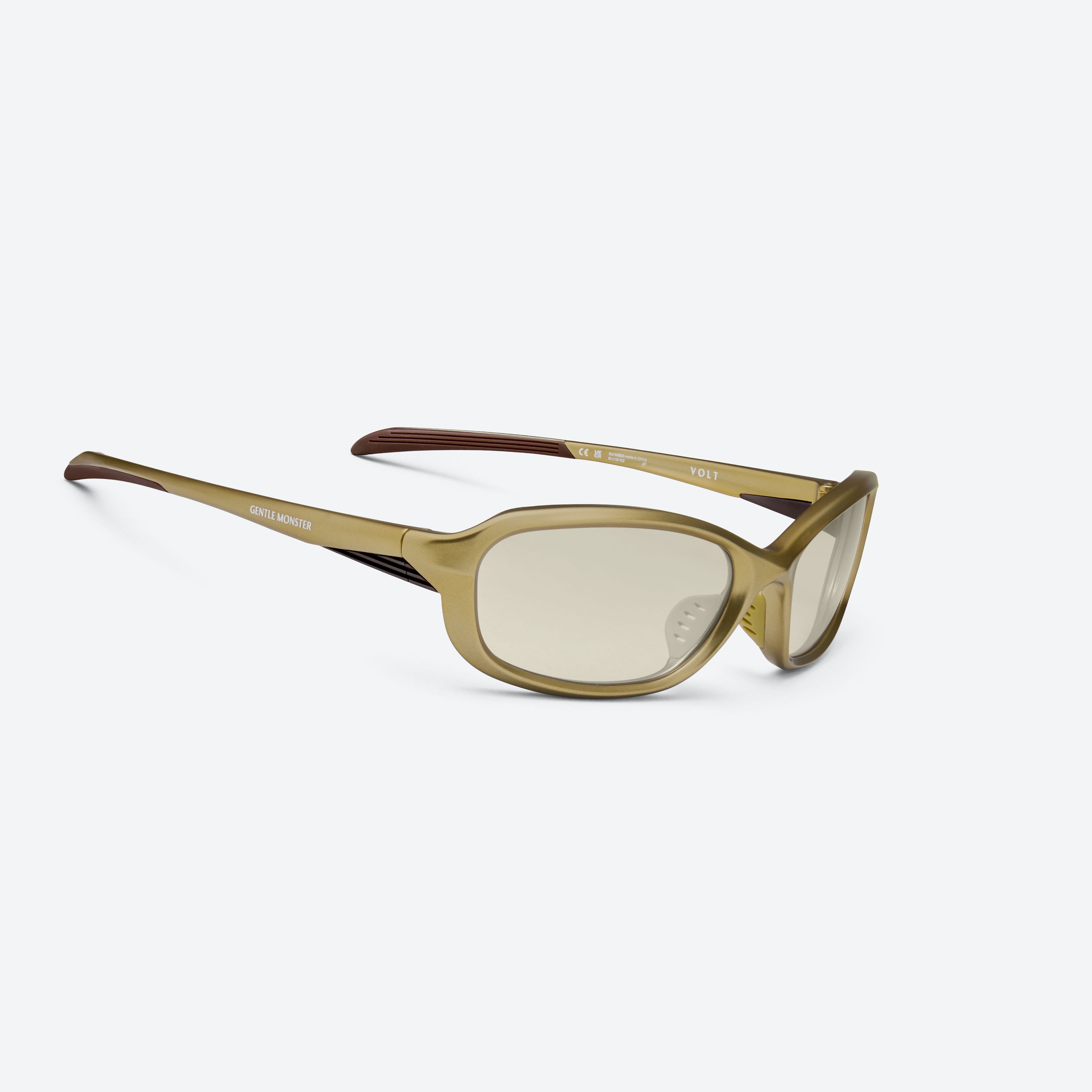 45-degree detailed view of Gentle Monster Volt MGD2 Gold Nylon framed Wraparound sunglasses.