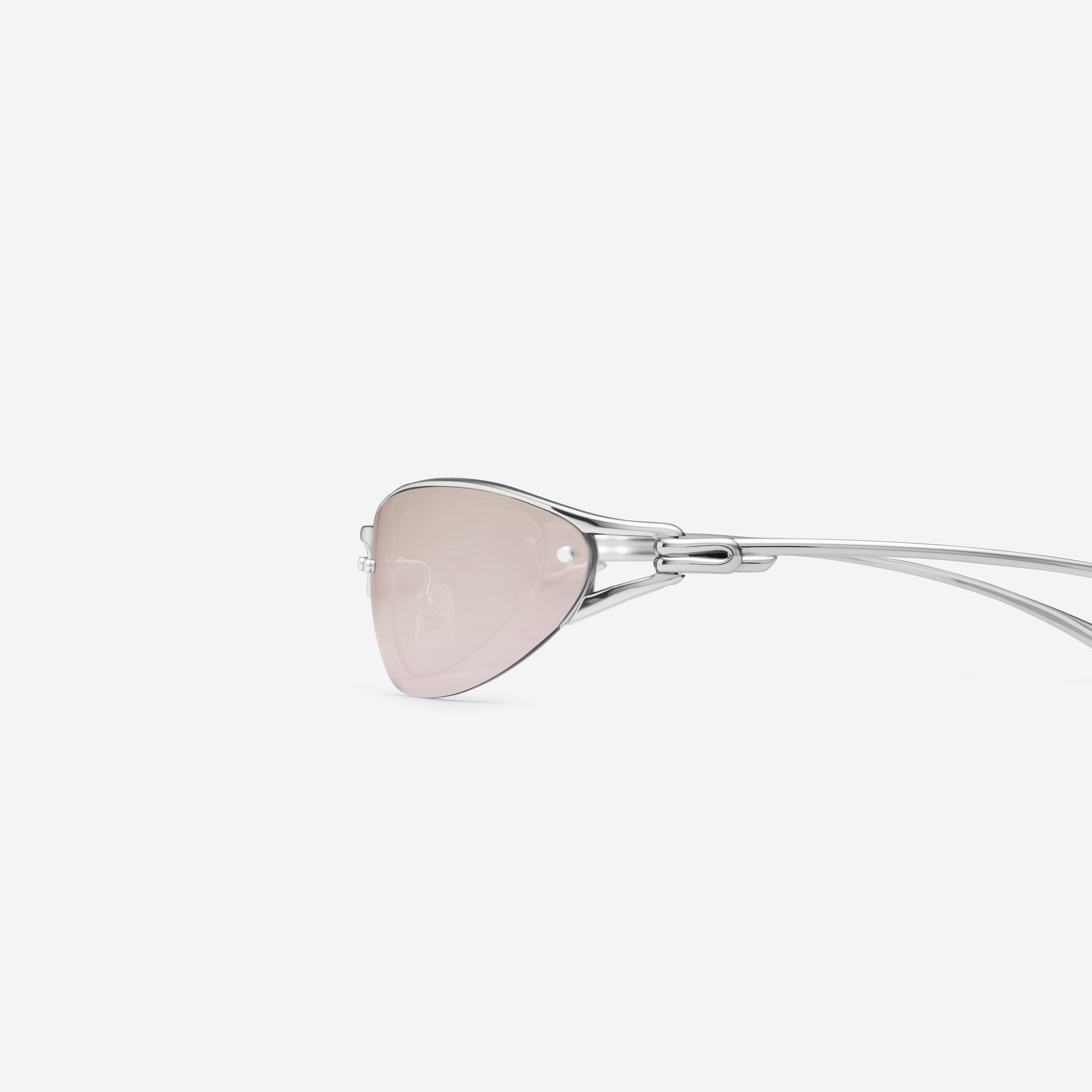 A detailed left view of Gentle Monster Futura 02(BRG) Silver Metal framed Wraparound sunglasses.