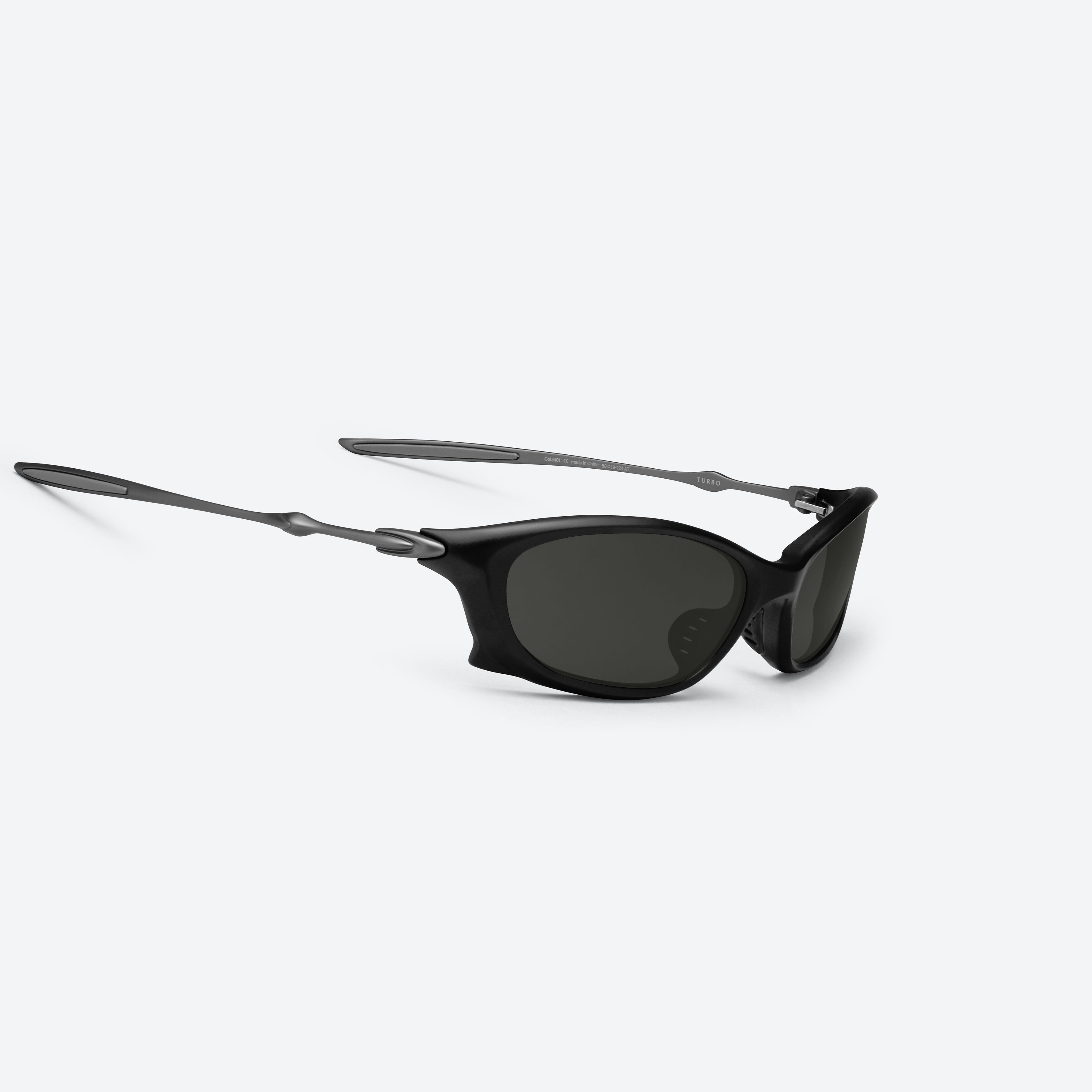 45-degree detailed view of Gentle Monster Turbo M01 Black Mixed framed Wraparound sunglasses.
