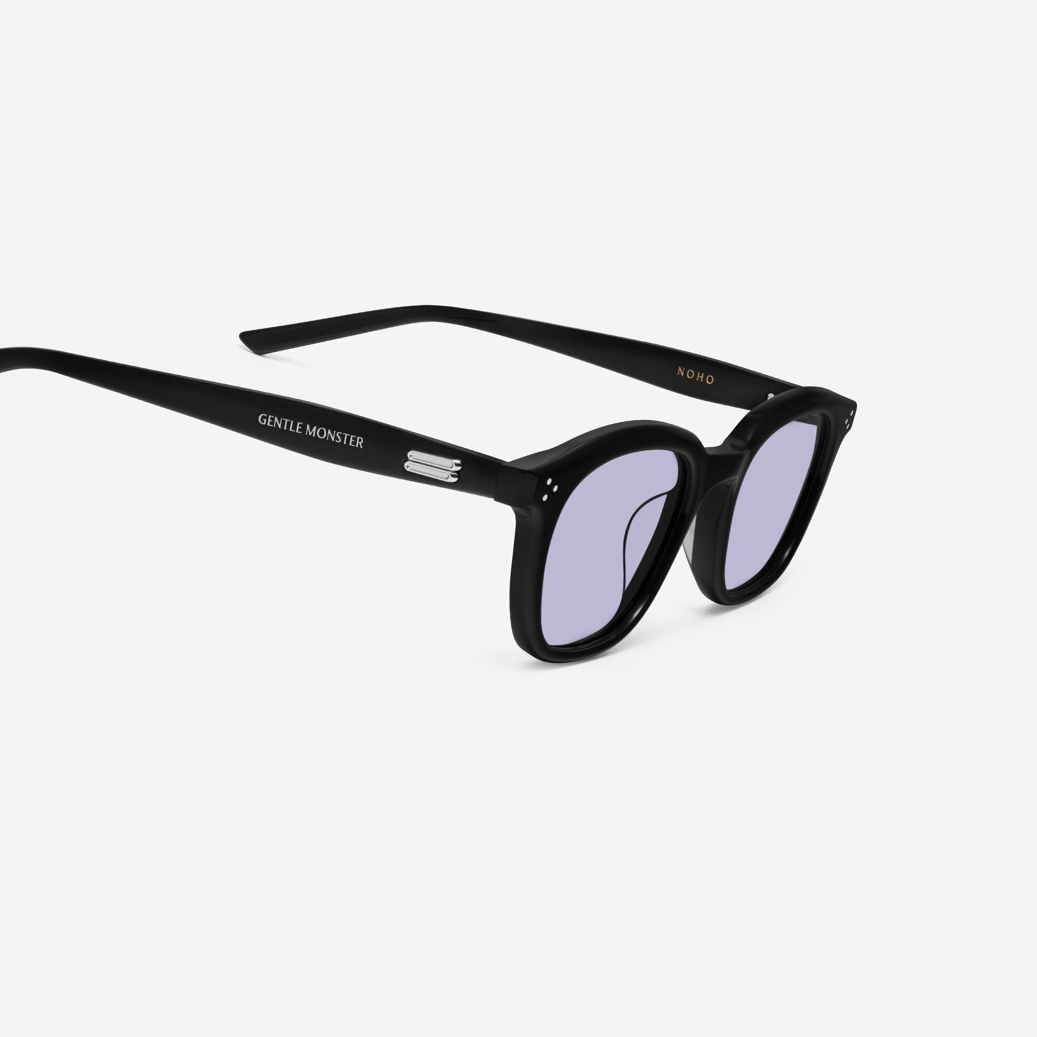 45-degree detailed view of Gentle Monster Noho 01(V) Black Acetate framed Round sunglasses.