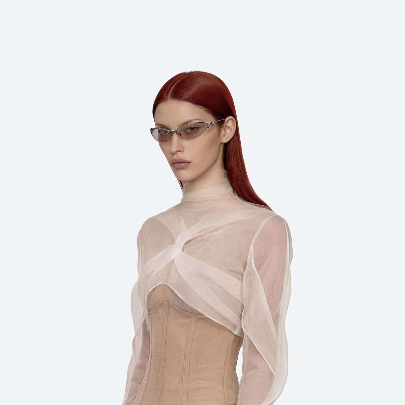 Model wearing the Futura 02(BRG) Silver Metal framed Wraparound sunglasses.